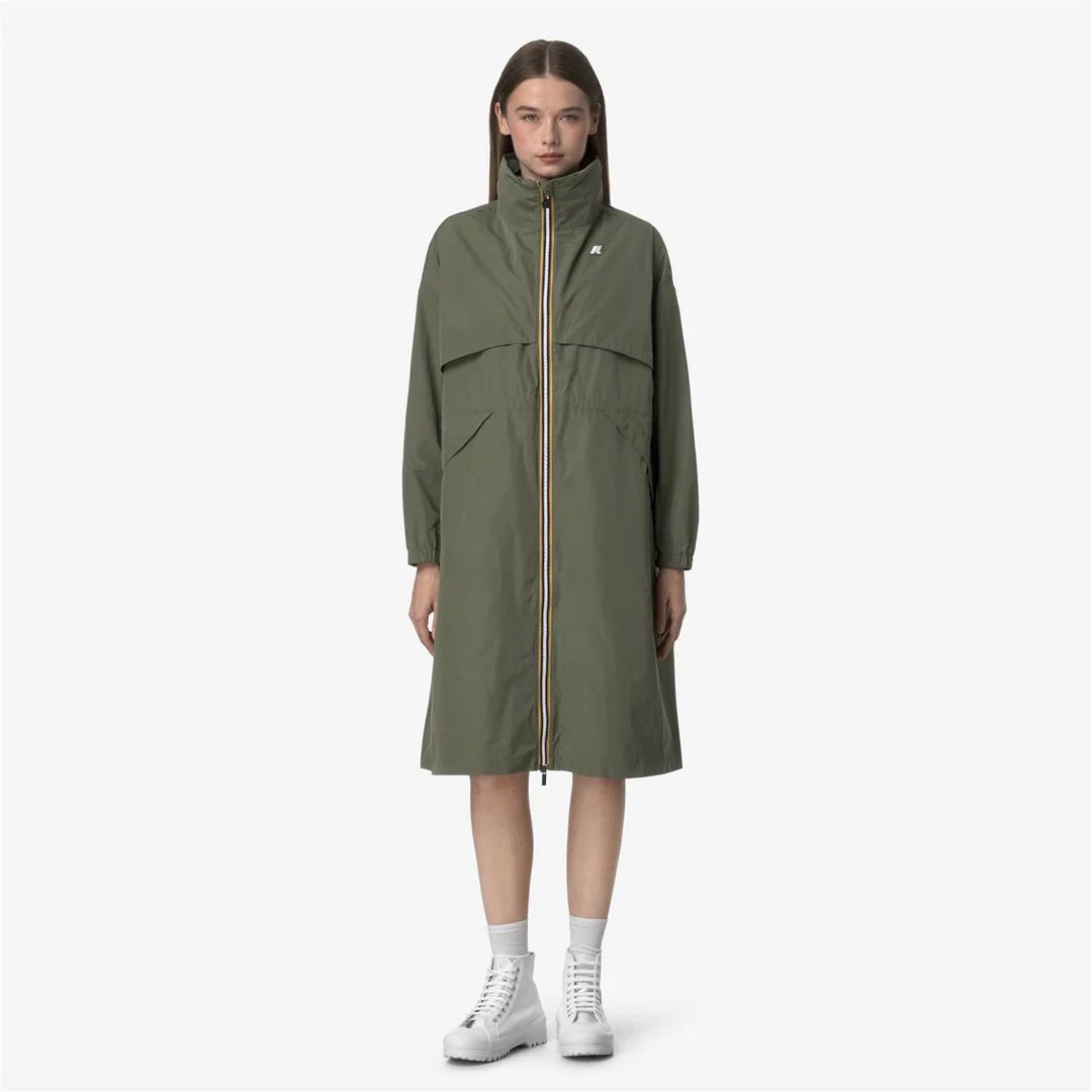 K-Way Aube Memory Touch Green Lichen - Coupe-vent long femme à capuche escamotable