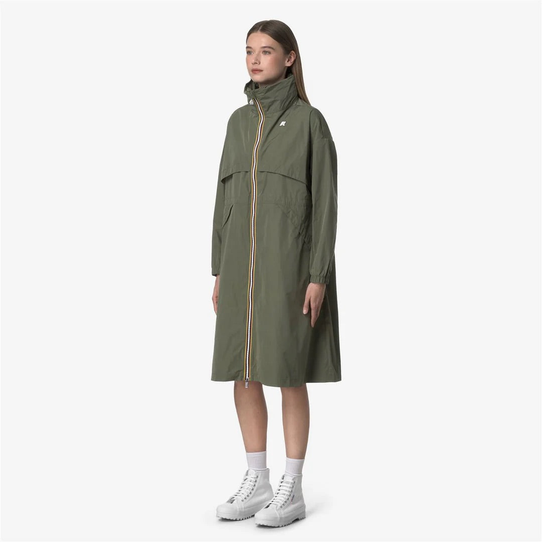 K-Way Aube Memory Touch Green Lichen - Coupe-vent long femme à capuche escamotable