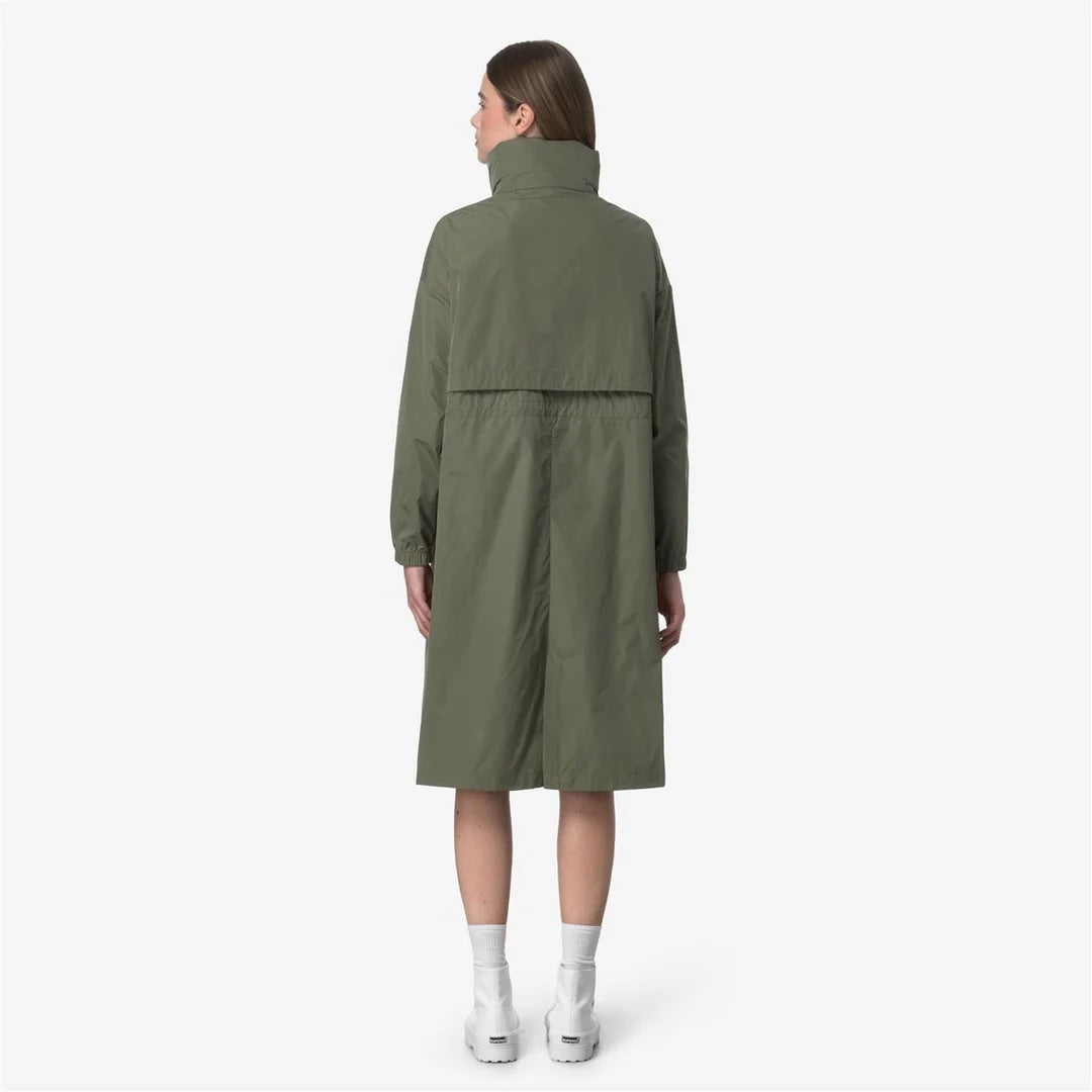 K-Way Aube Memory Touch Green Lichen - Coupe-vent long femme à capuche escamotable