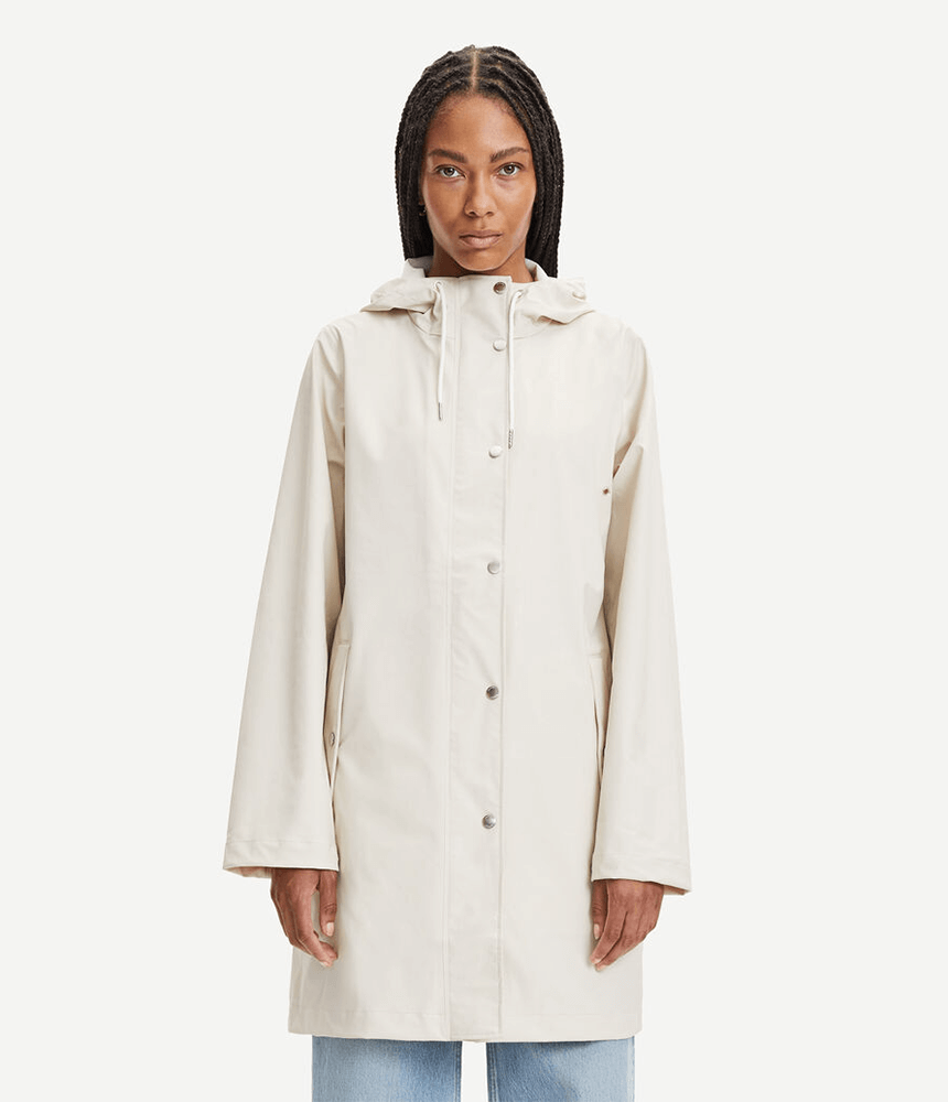 Imperméable femme beige Stala Samsoe Samsoe – coupe-vent capuche déperlant manteau long automne hiver