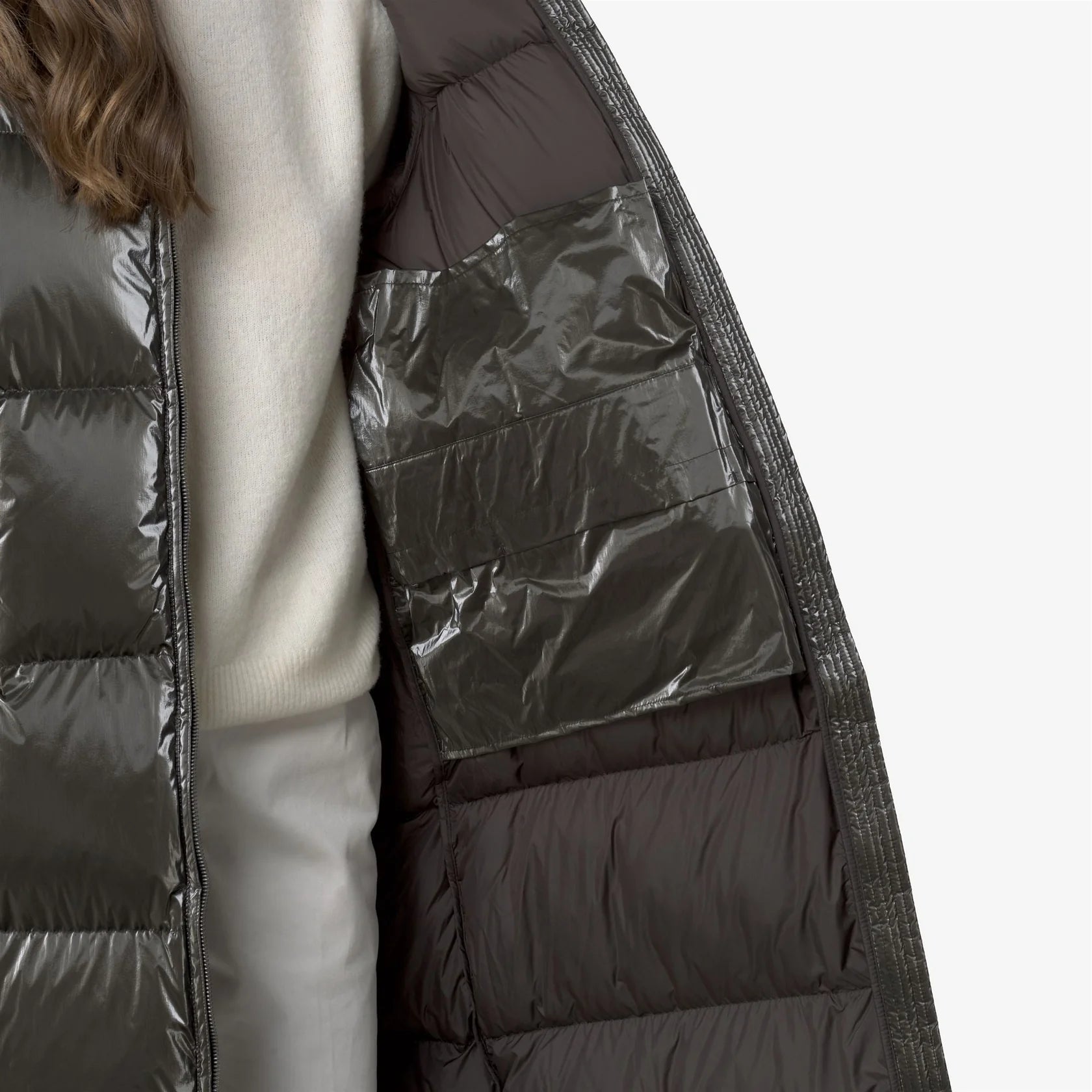 K-Way Doudoune Longue Femme Ruenne Thermo Pearly – Black Olive Combo | Imperméable, Chaud, Hiver, Durable