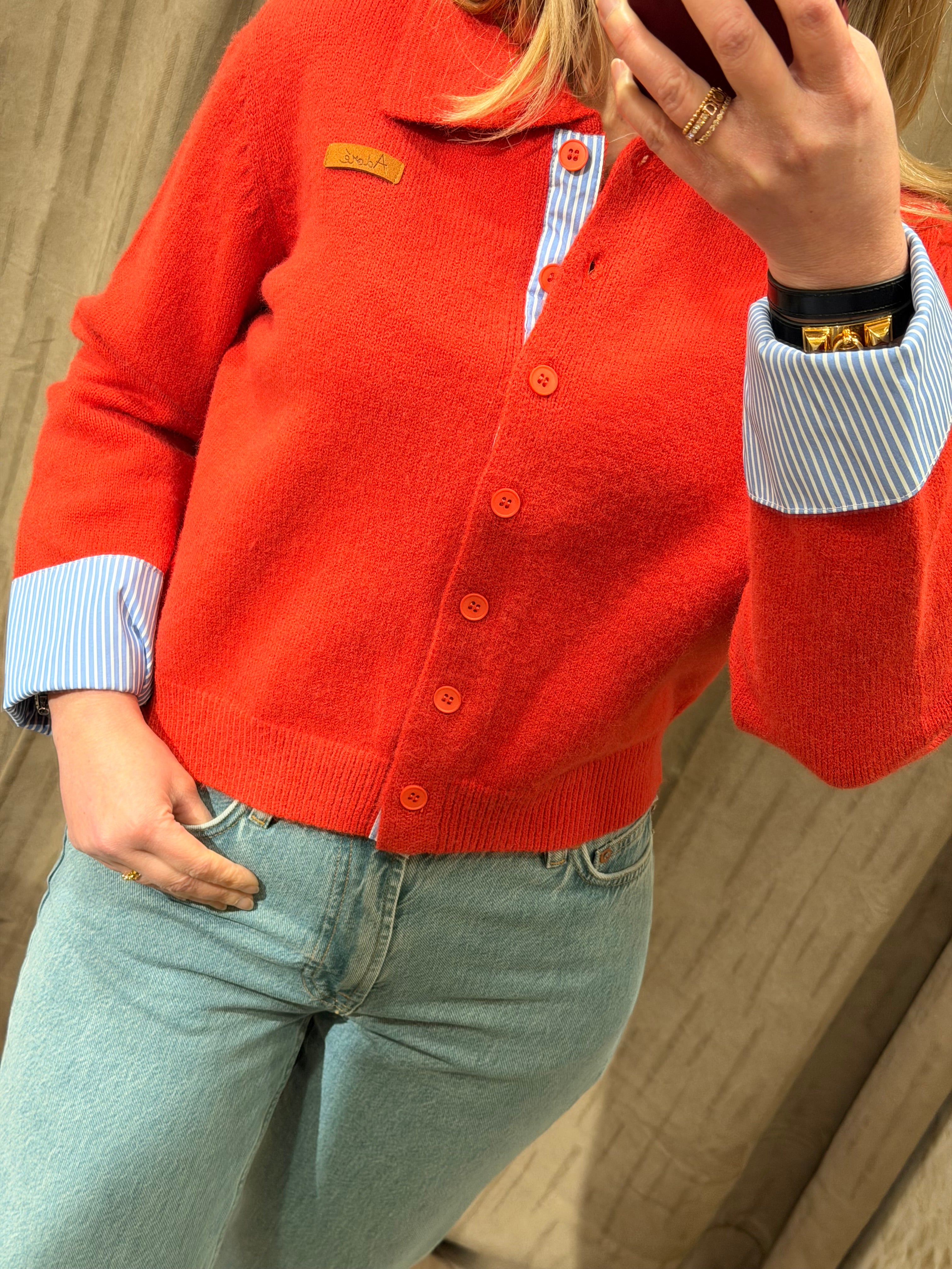 Gilet chemise femme Sorya bi-matière rouge, gris ou marine - Adoré Paris