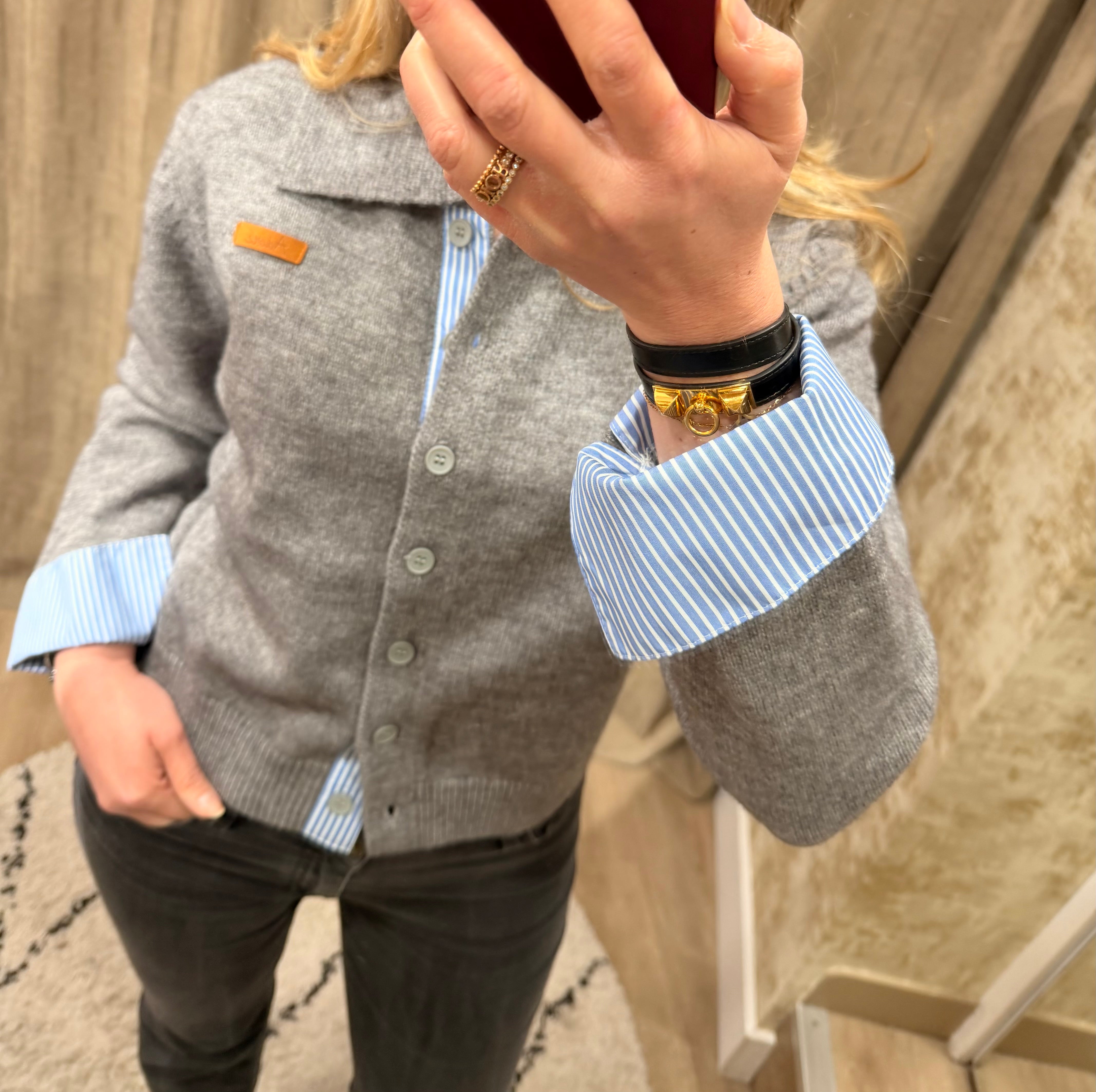 Gilet chemise femme Sorya bi-matière rouge, gris ou marine - Adoré Paris