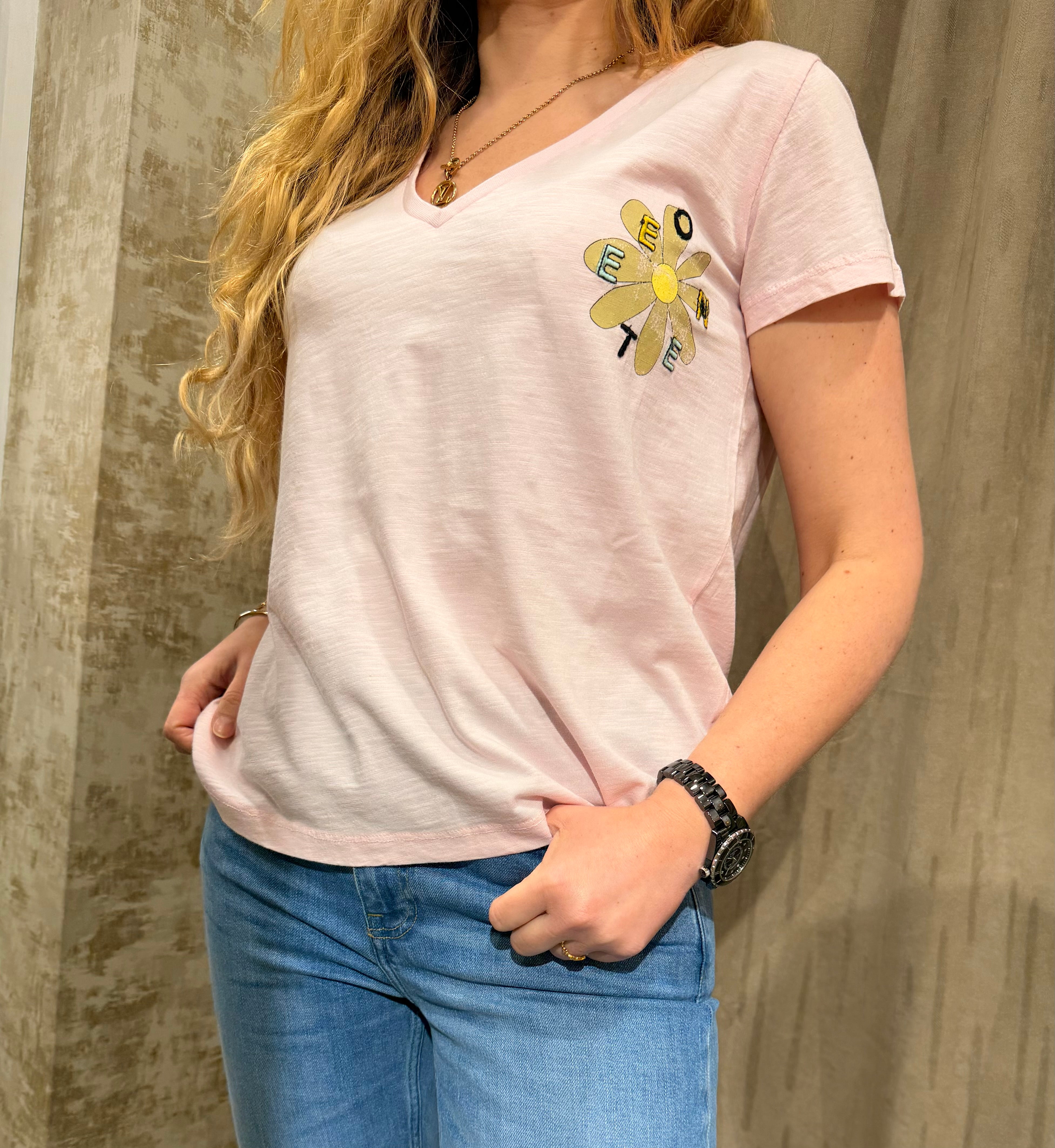 T-shirt Monica col V marguerite en coton - Coupe droite - ONE TEE