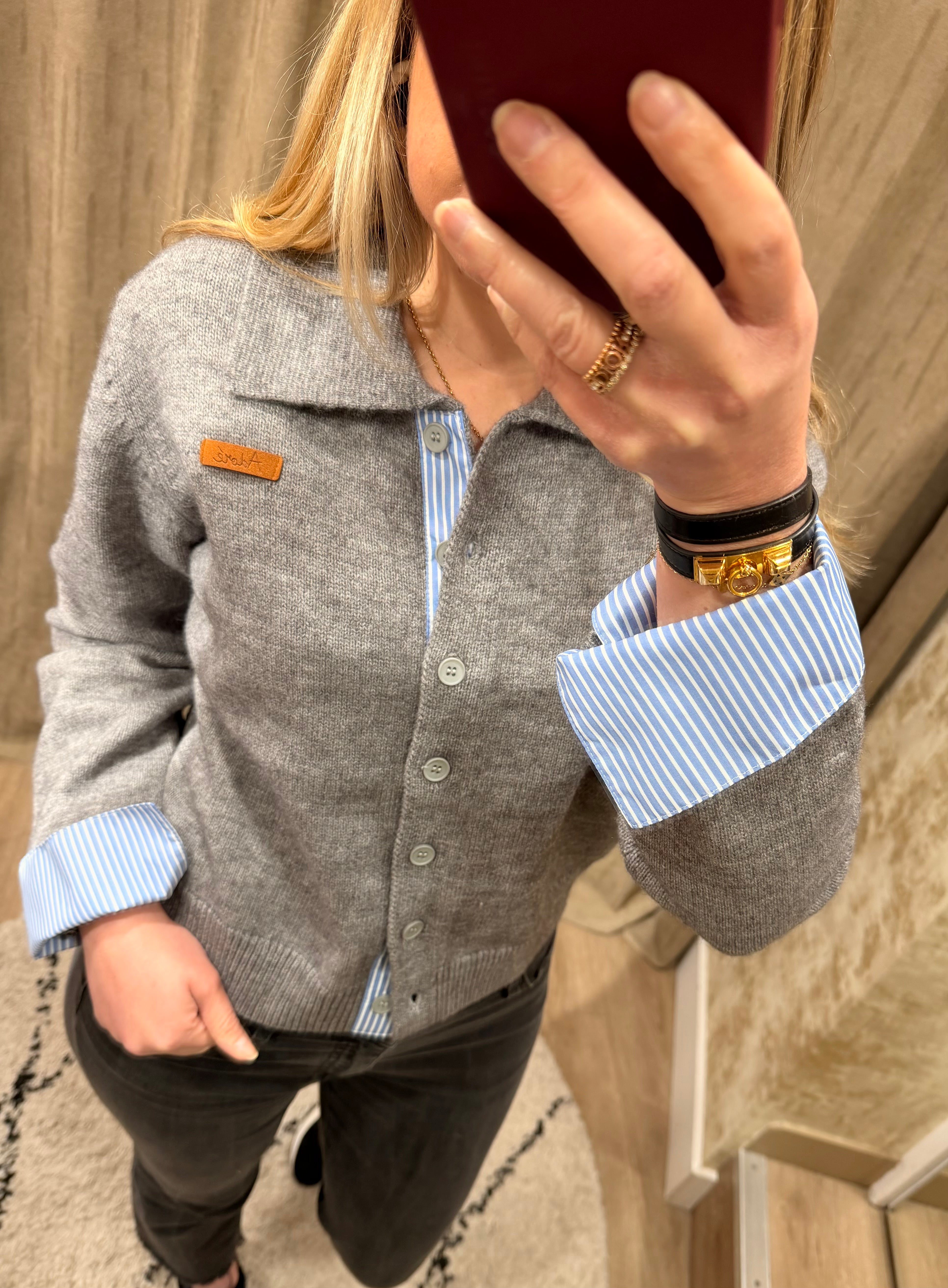 Gilet chemise femme Sorya bi-matière rouge, gris ou marine - Adoré Paris