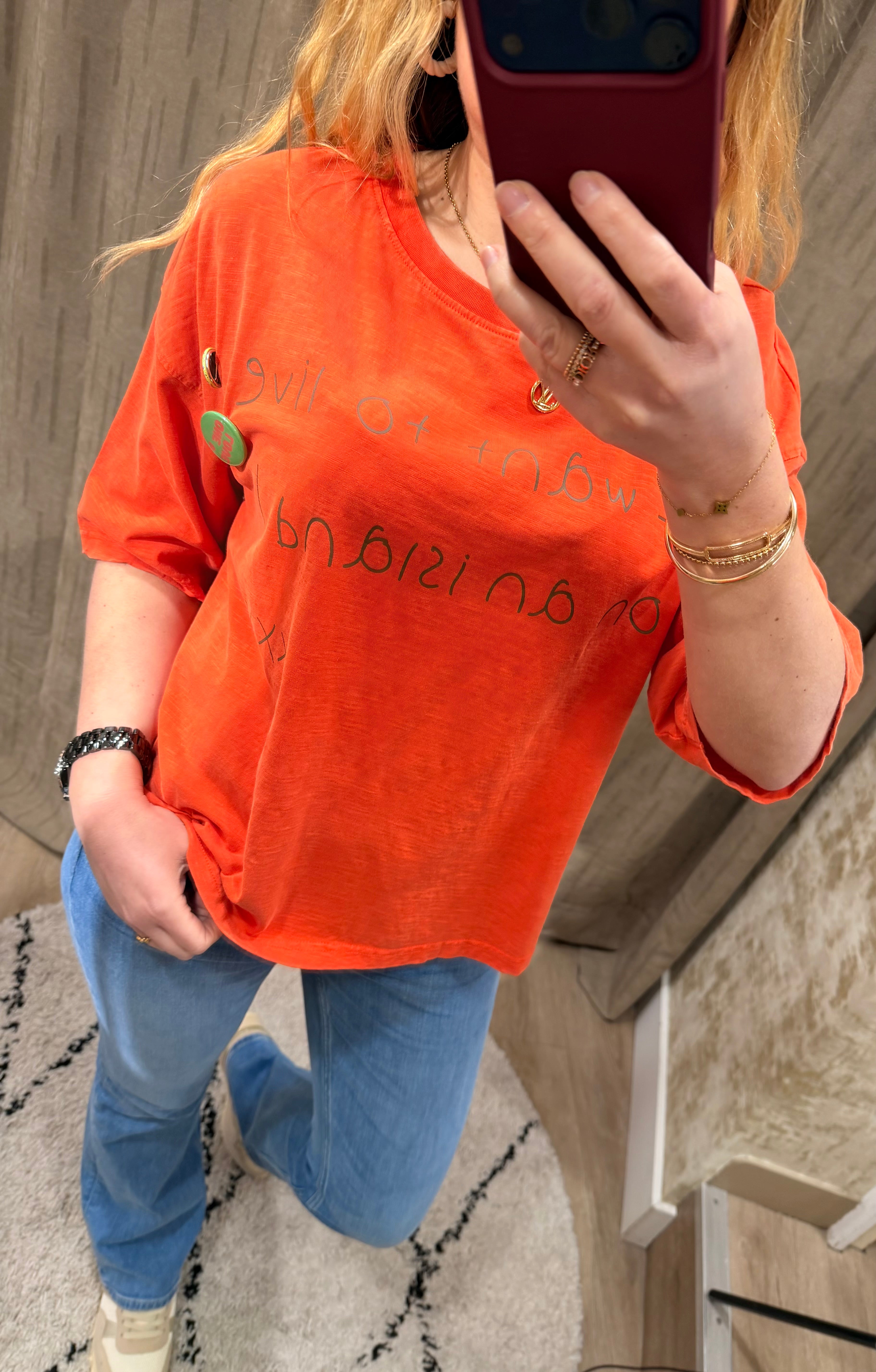 T-shirt femme ILDA orange en coton 100% coupe loose message imprimé – One Tee