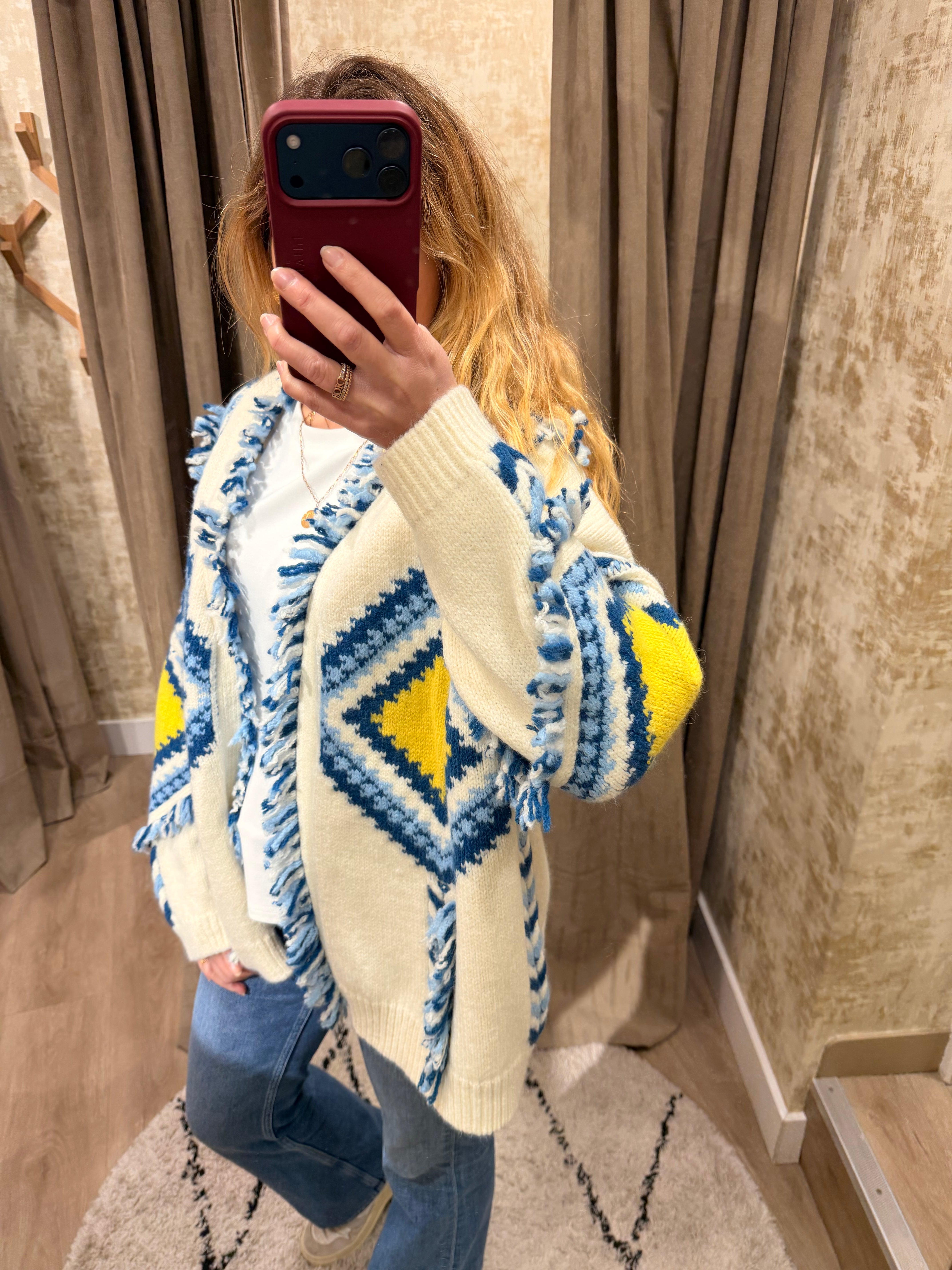 Gilet femme maille épaisse motif graphique bleu et jaune – Adoré Paris