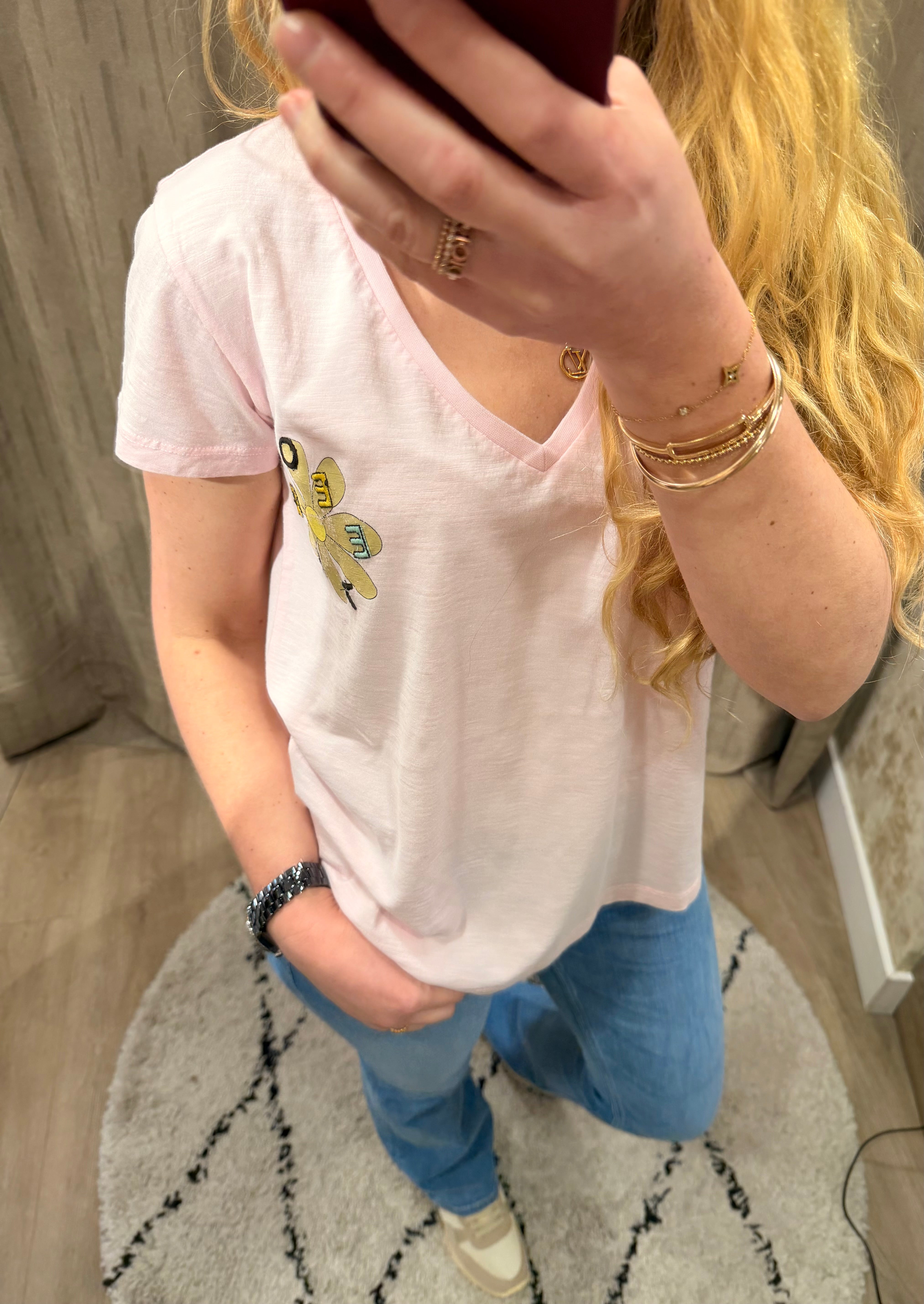 T-shirt Monica col V marguerite en coton - Coupe droite - ONE TEE