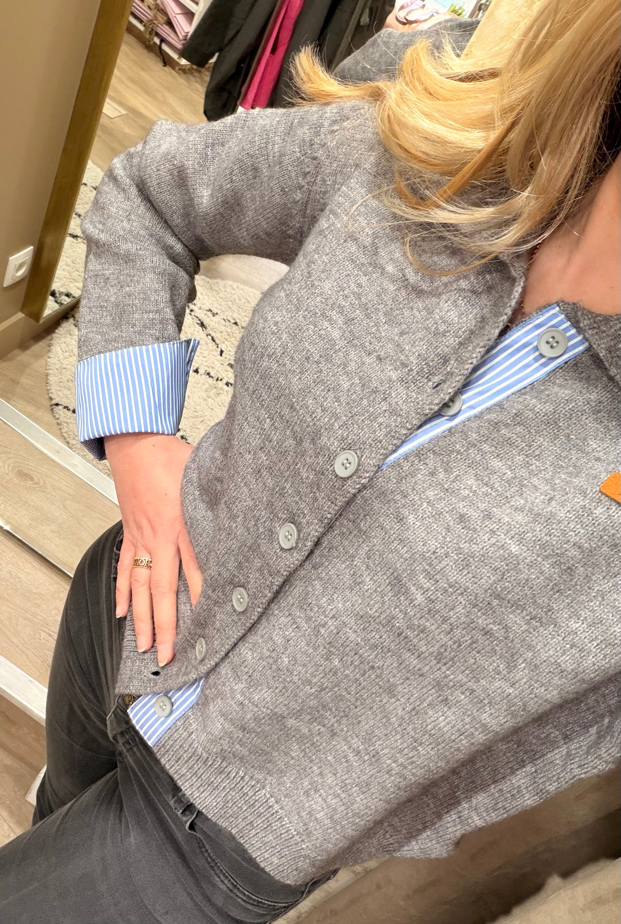 Gilet chemise femme Sorya bi-matière rouge, gris ou marine - Adoré Paris