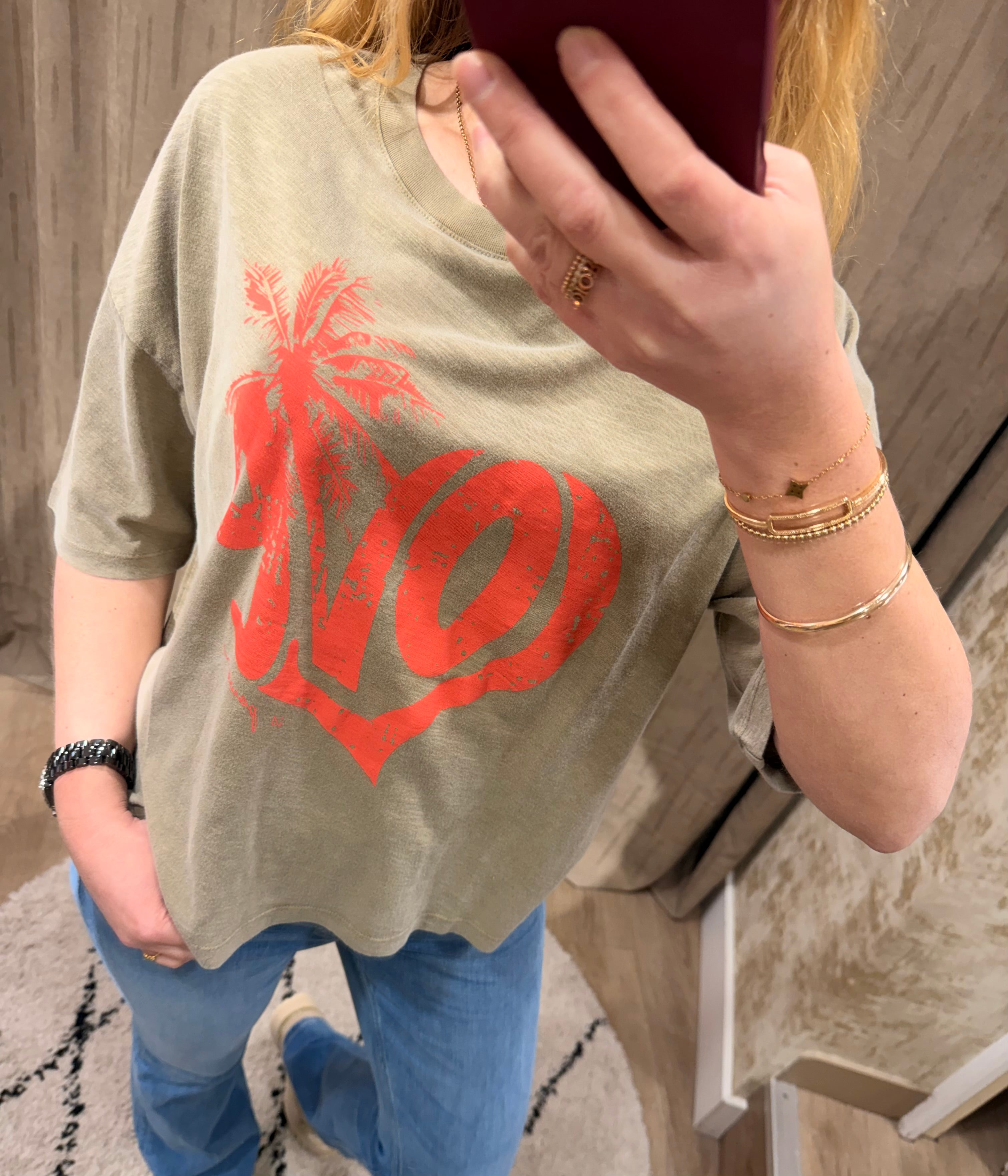 T-shirt femme ANNA bleu stone et Kaki en coton, coupe loose imprimé LOVE – One Tee