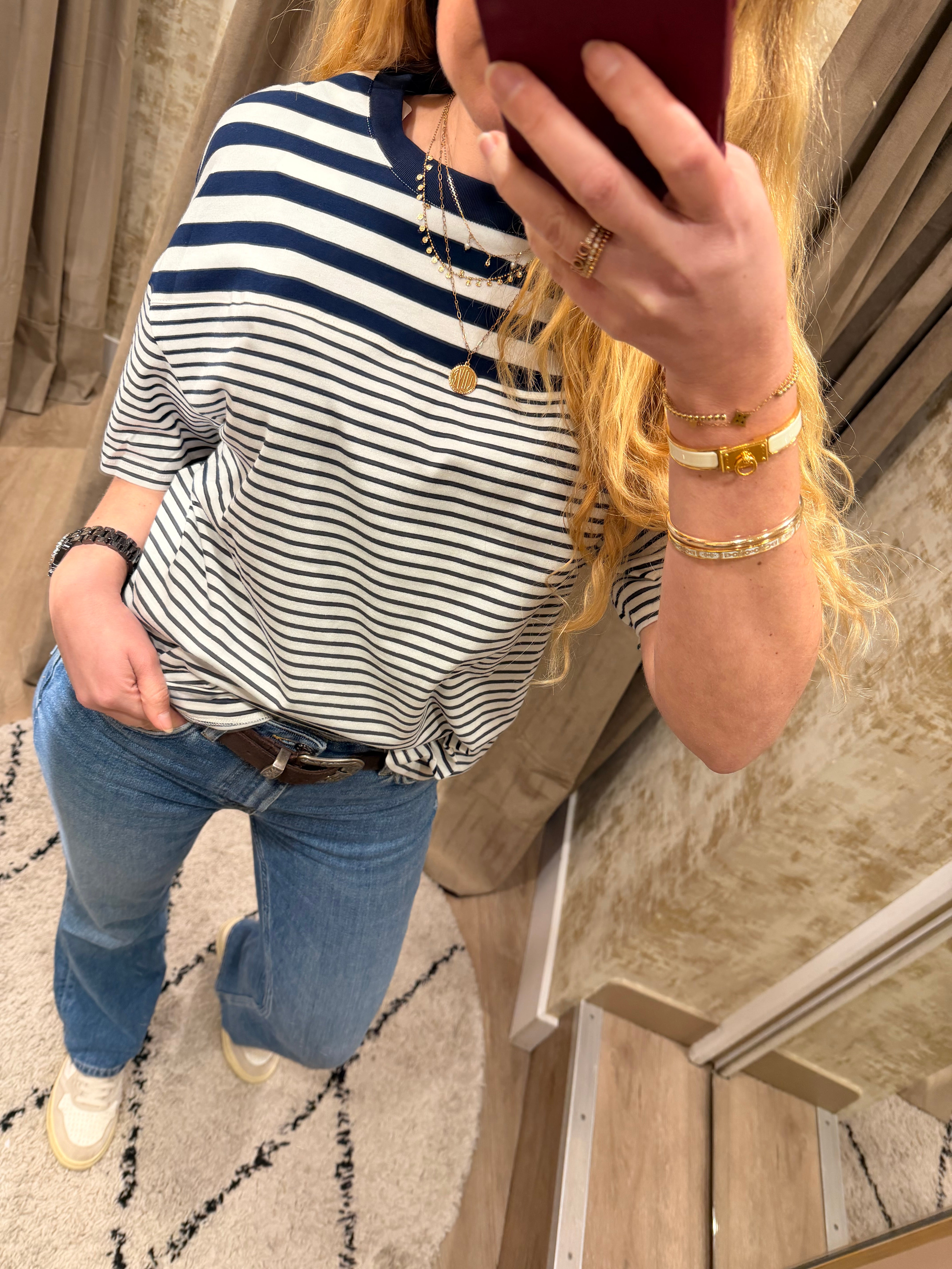 T-shirt marinière femme bleu marine rayé avec broderie ancre – Adoré Paris