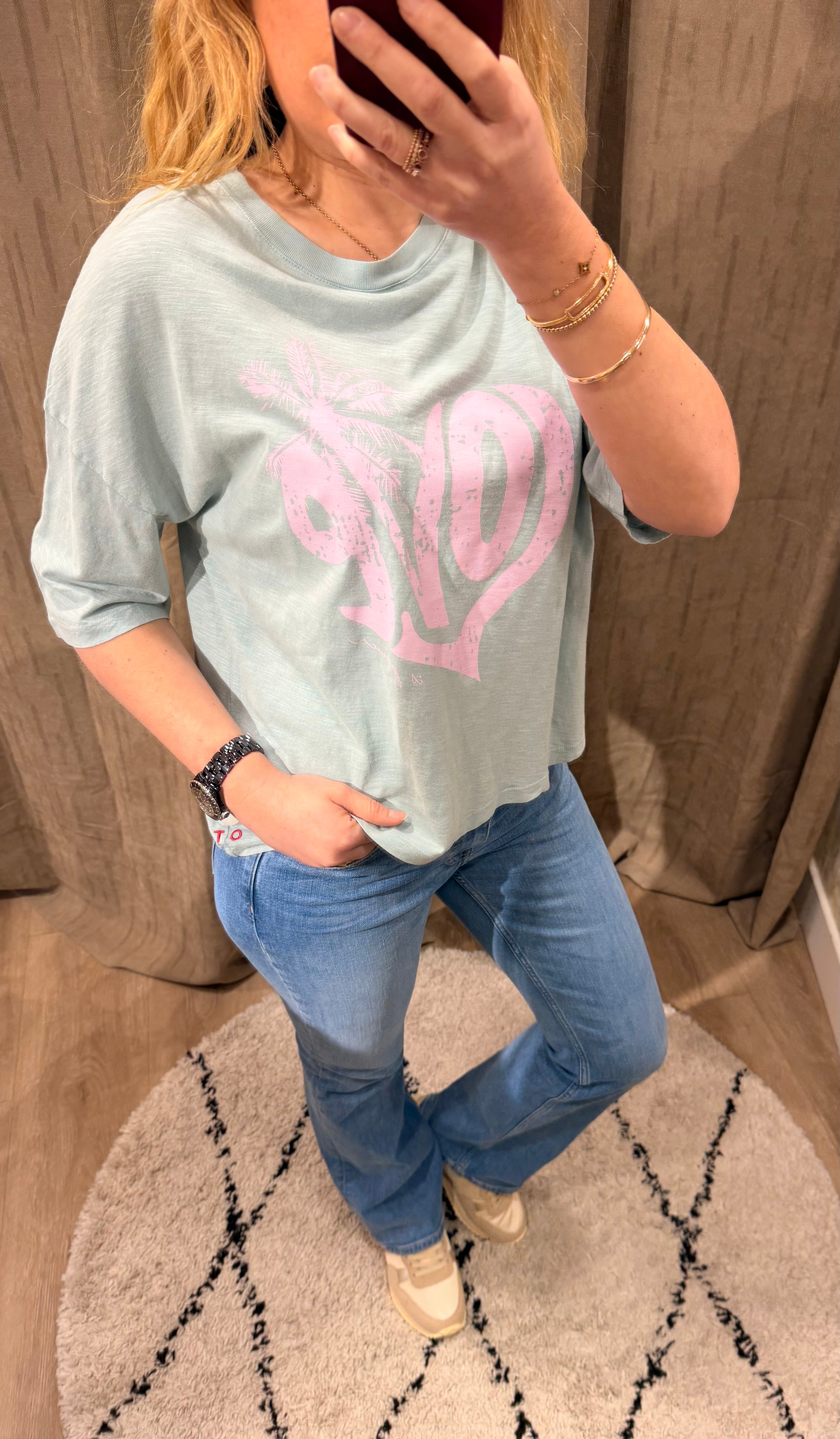 T-shirt femme ANNA bleu stone et Kaki en coton, coupe loose imprimé LOVE – One Tee