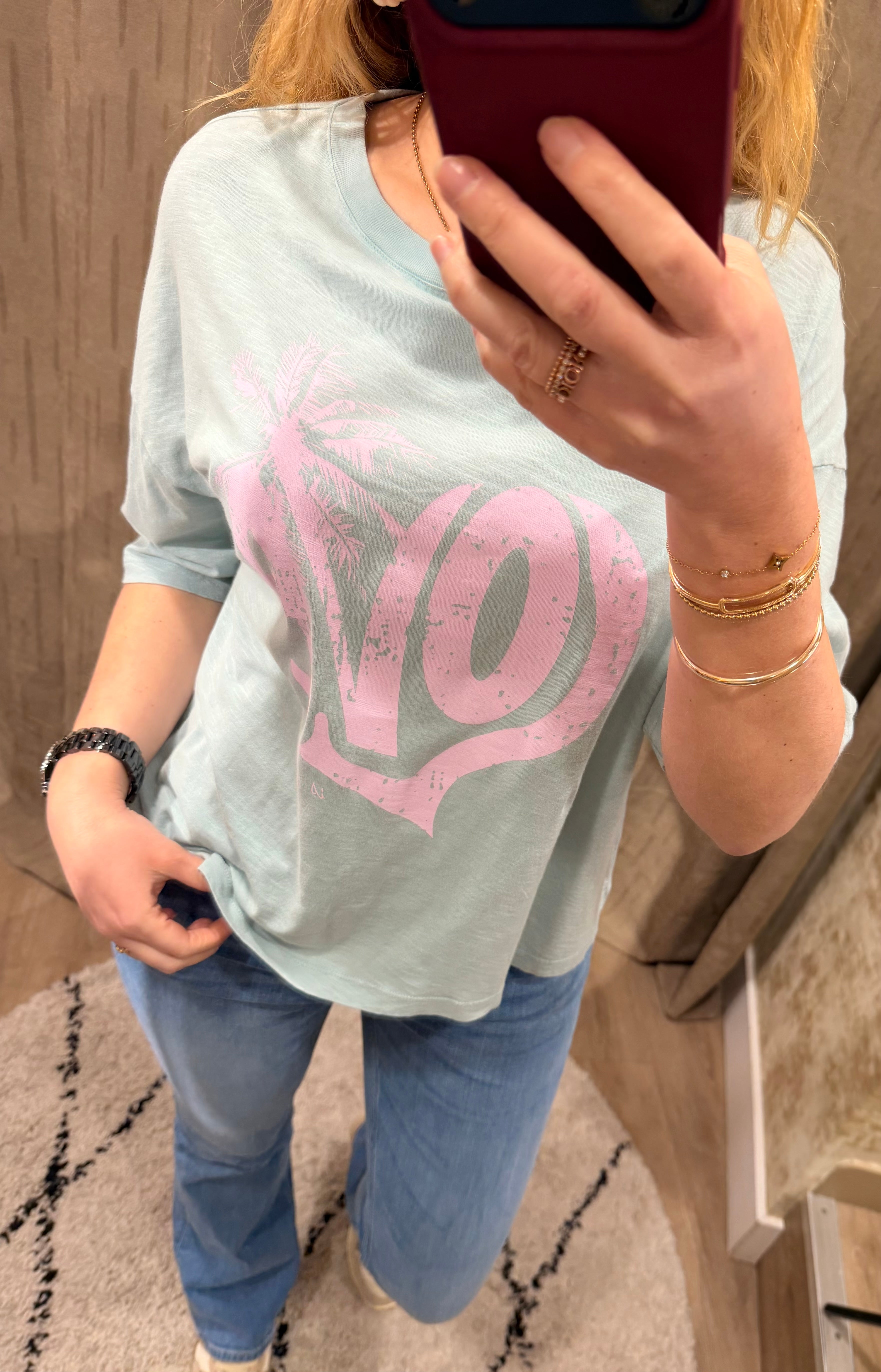 T-shirt femme ANNA bleu stone et Kaki en coton, coupe loose imprimé LOVE – One Tee