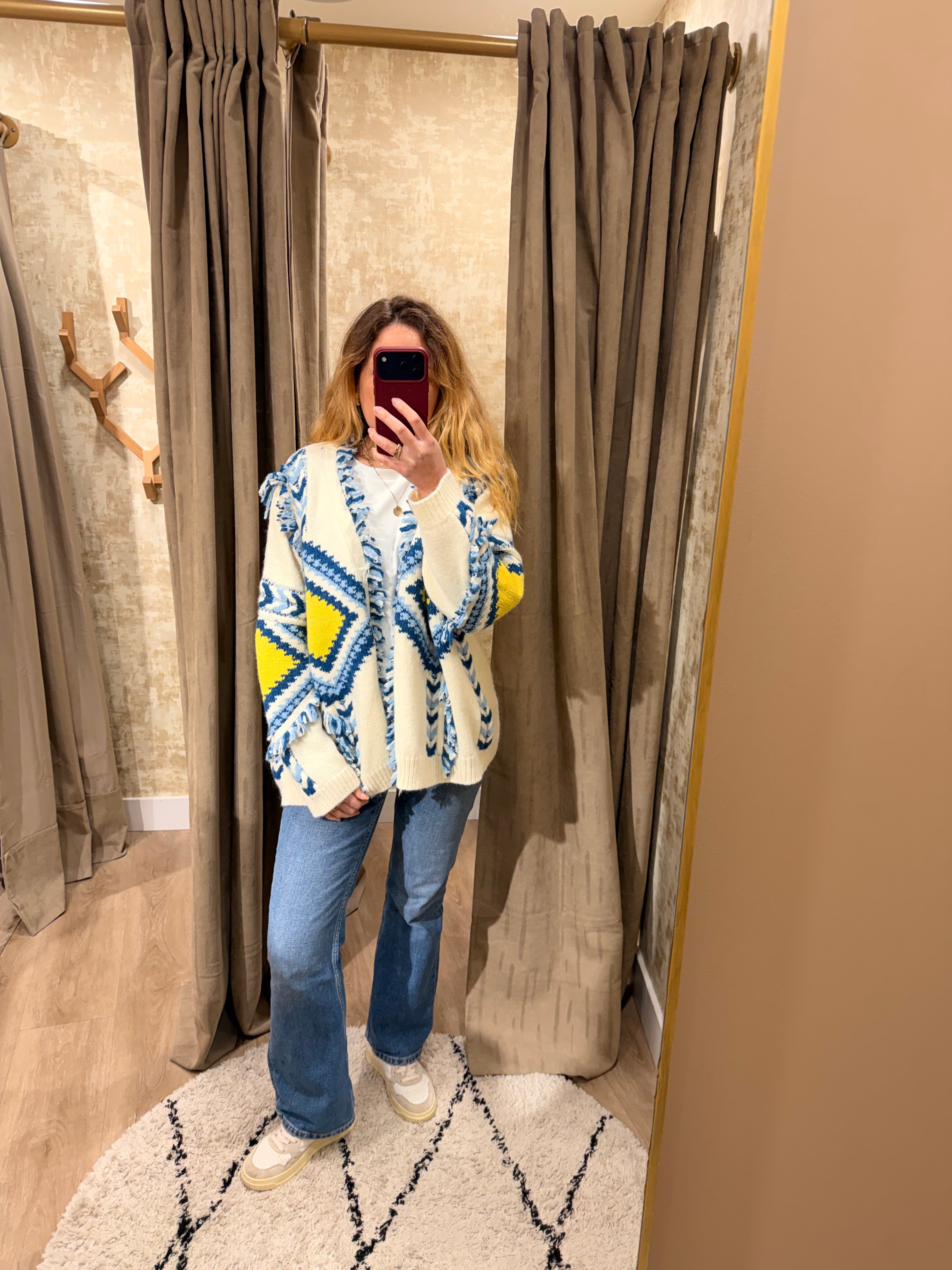 Gilet femme maille épaisse motif graphique bleu et jaune – Adoré Paris