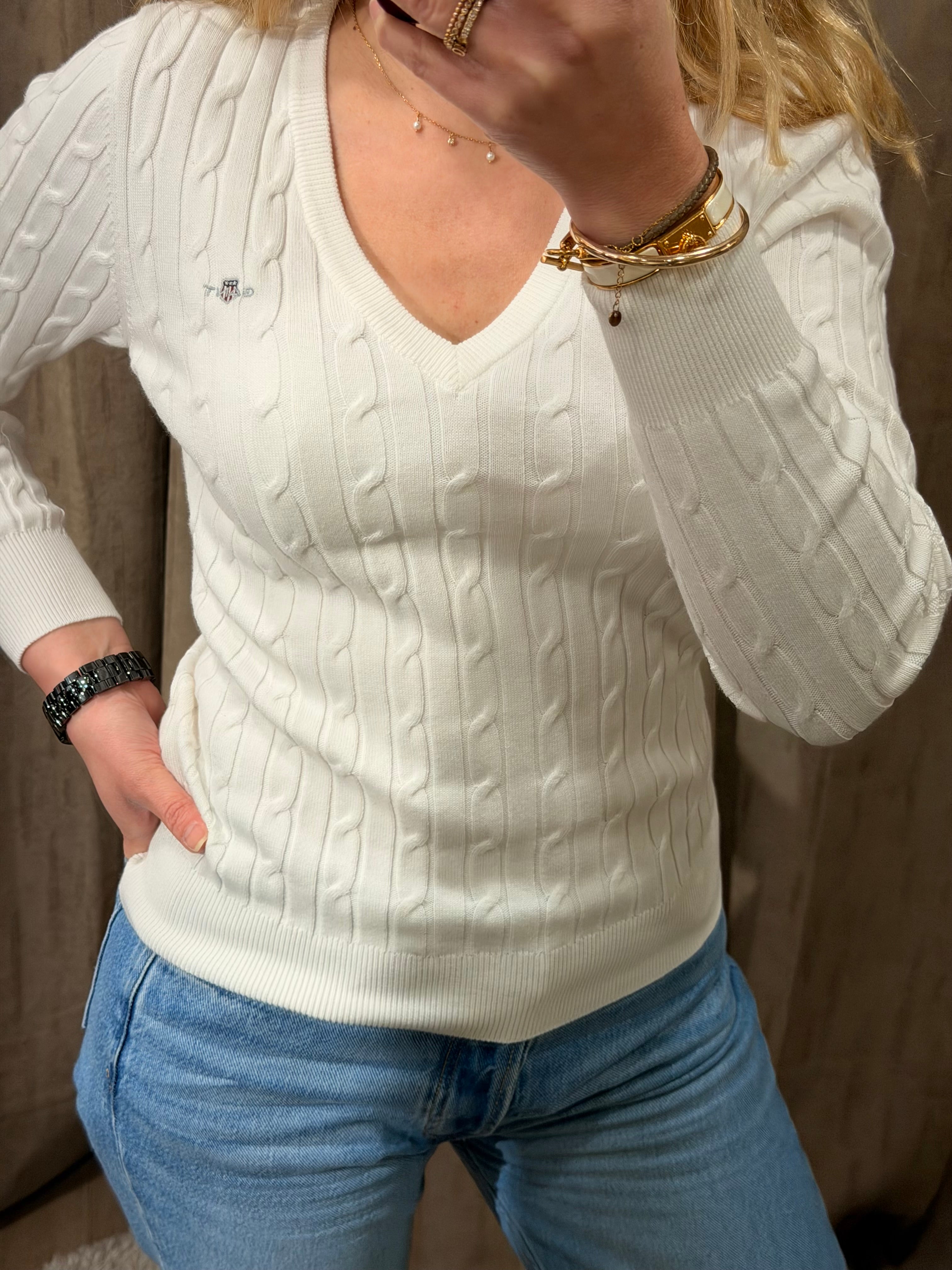 Pull col V torsadé en coton femme élégant et intemporel – Gant