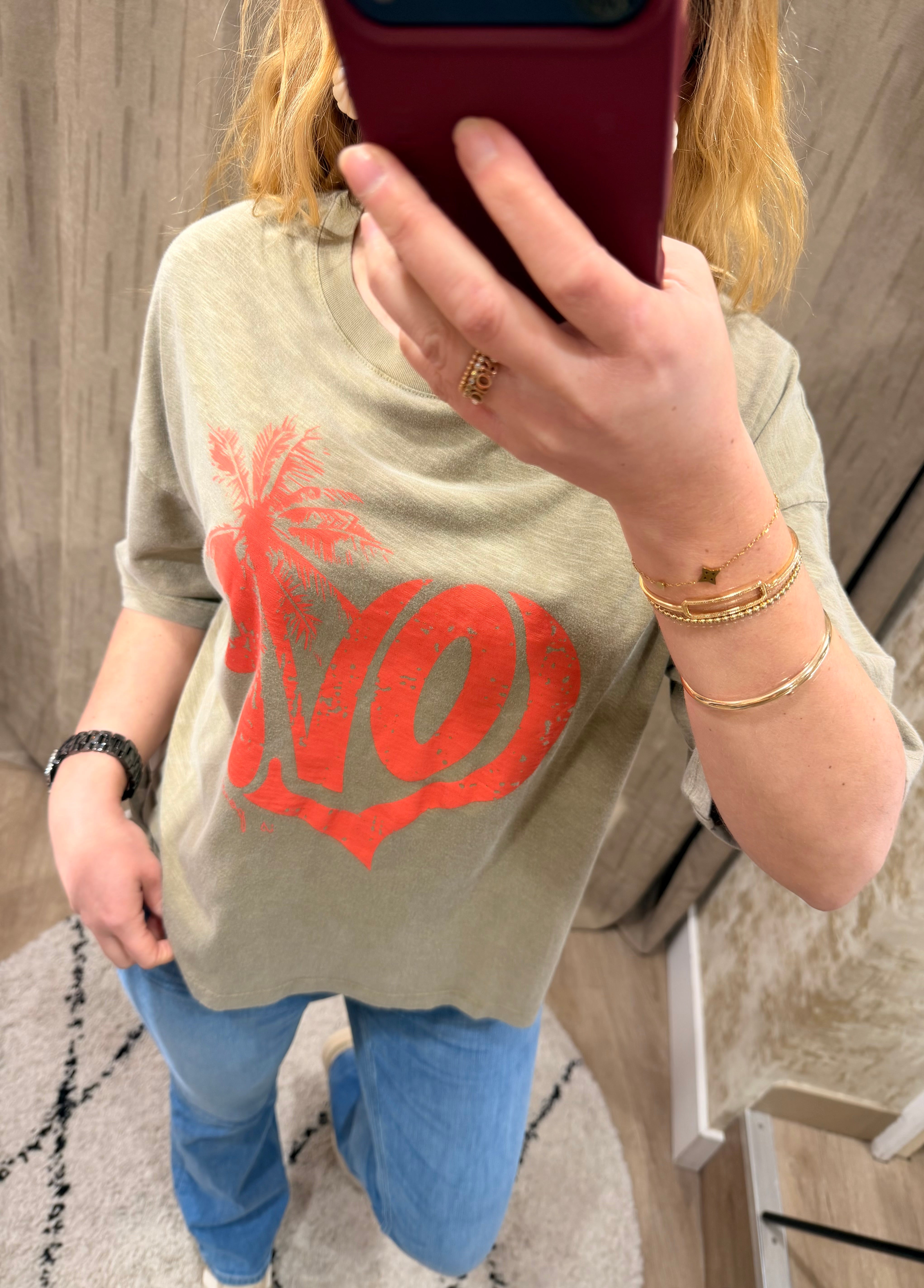 T-shirt femme ANNA bleu stone et Kaki en coton, coupe loose imprimé LOVE – One Tee