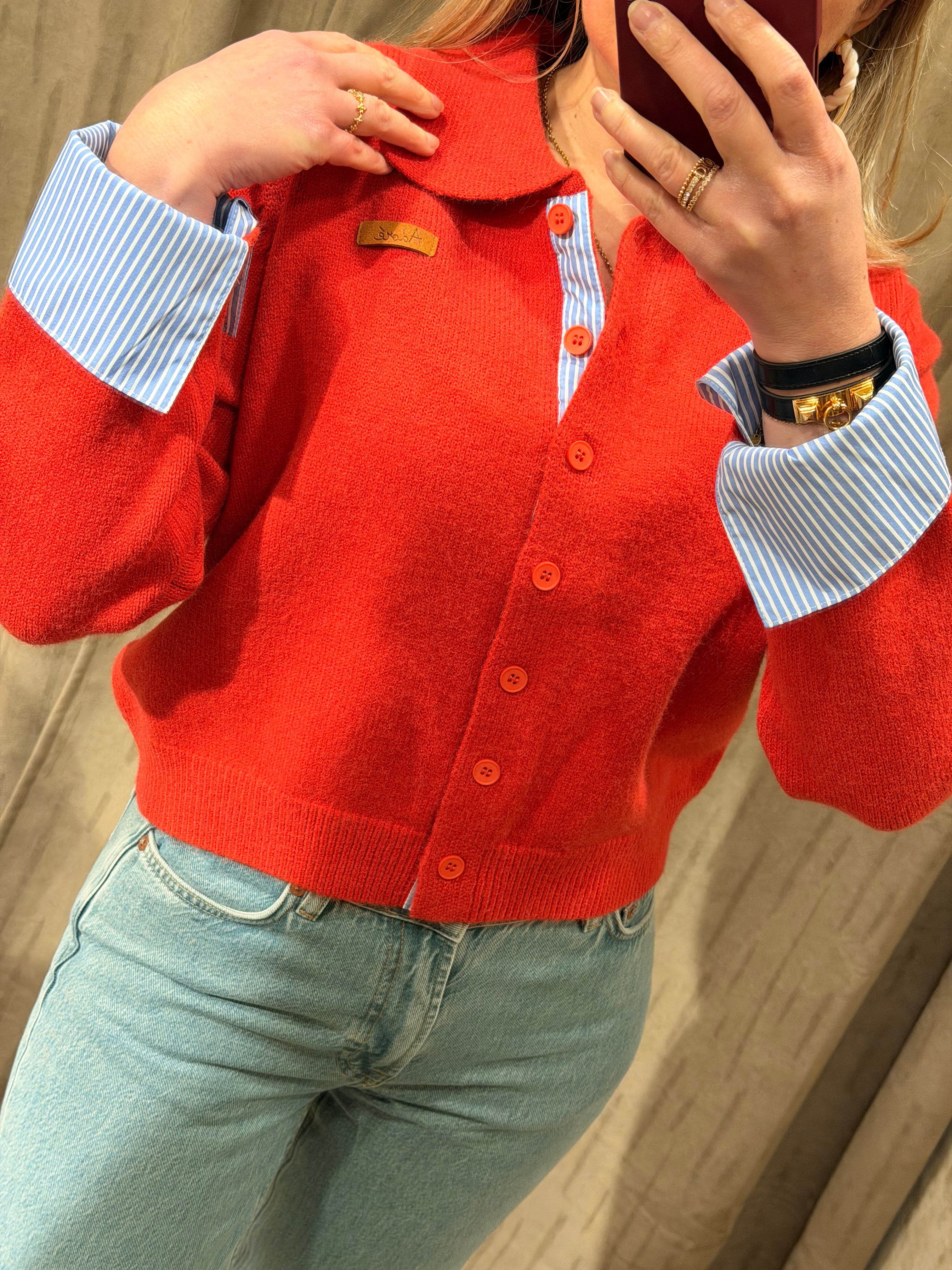 Gilet chemise femme Sorya bi-matière rouge, gris ou marine - Adoré Paris