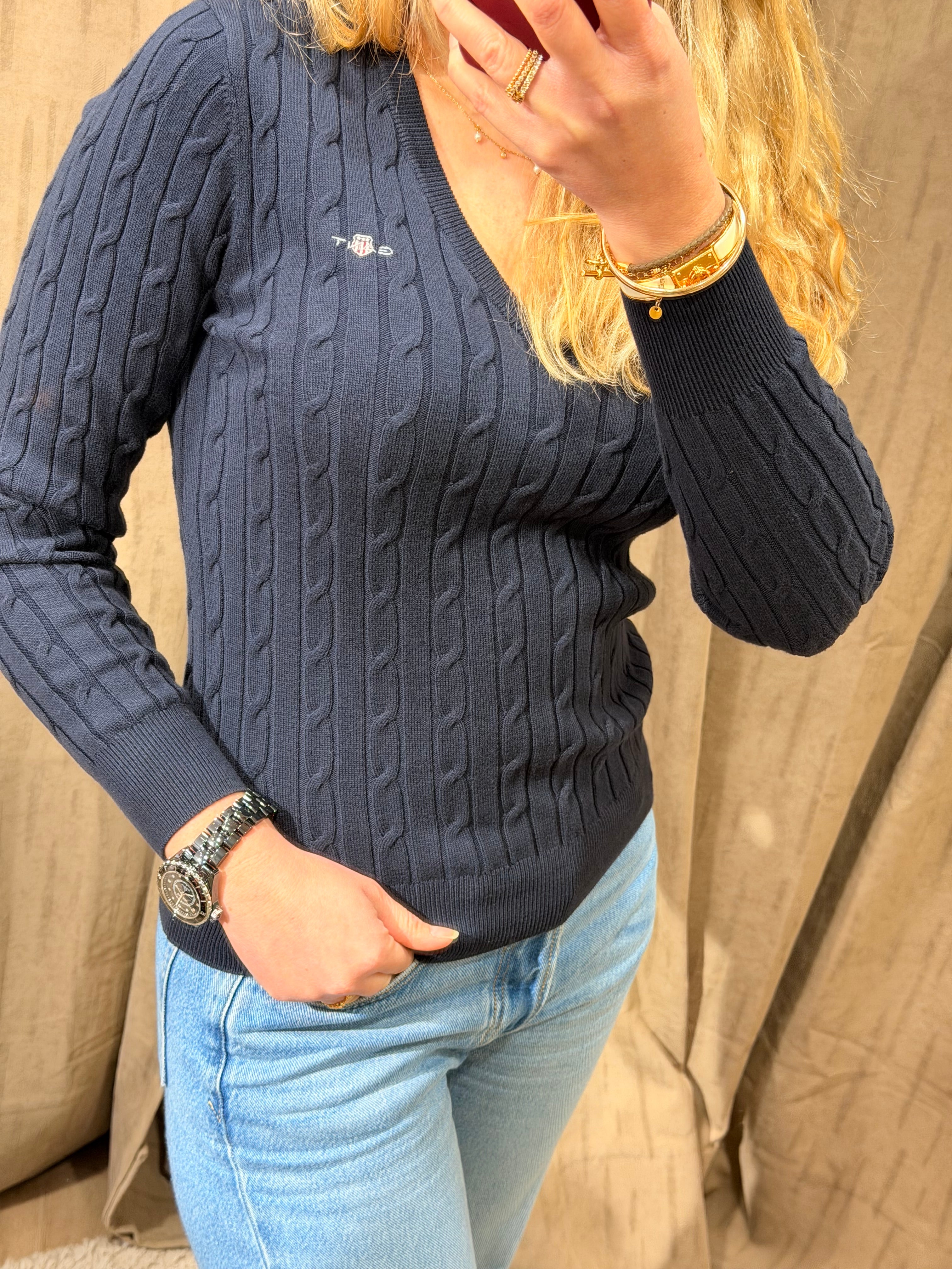 Pull col V torsadé en coton femme élégant et intemporel – Gant