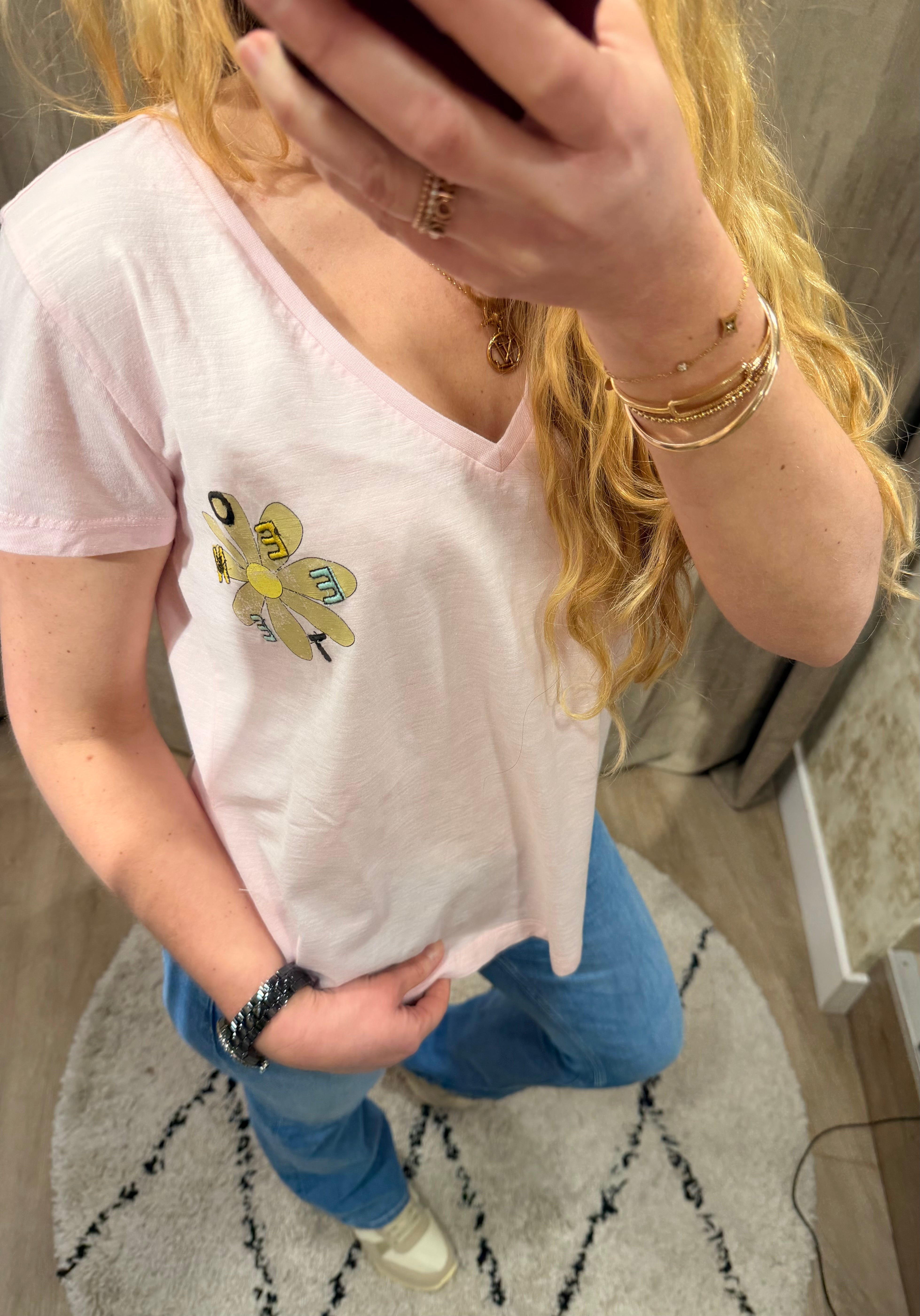 T-shirt Monica col V marguerite en coton - Coupe droite - ONE TEE
