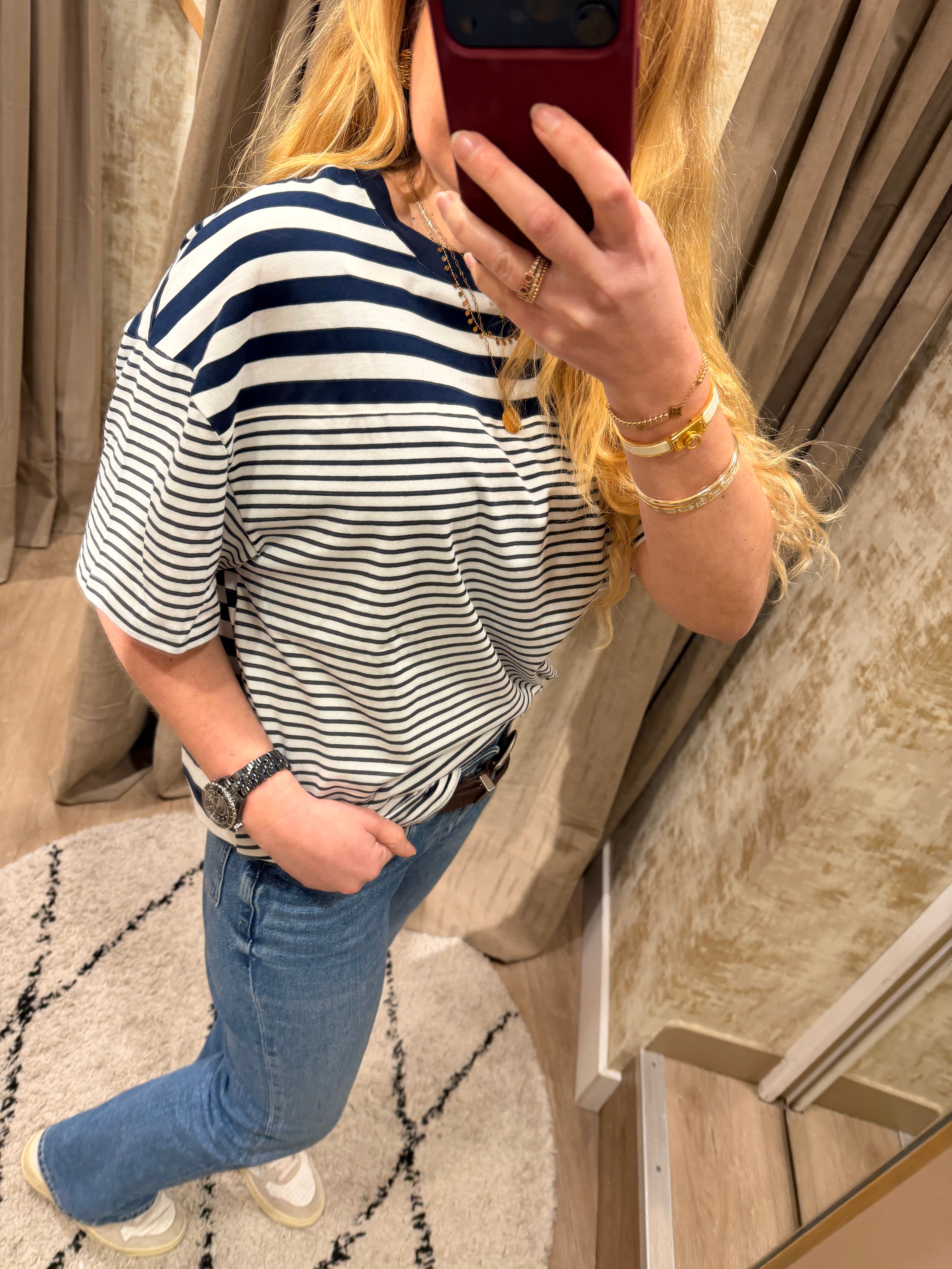 T-shirt marinière femme bleu marine rayé avec broderie ancre – Adoré Paris