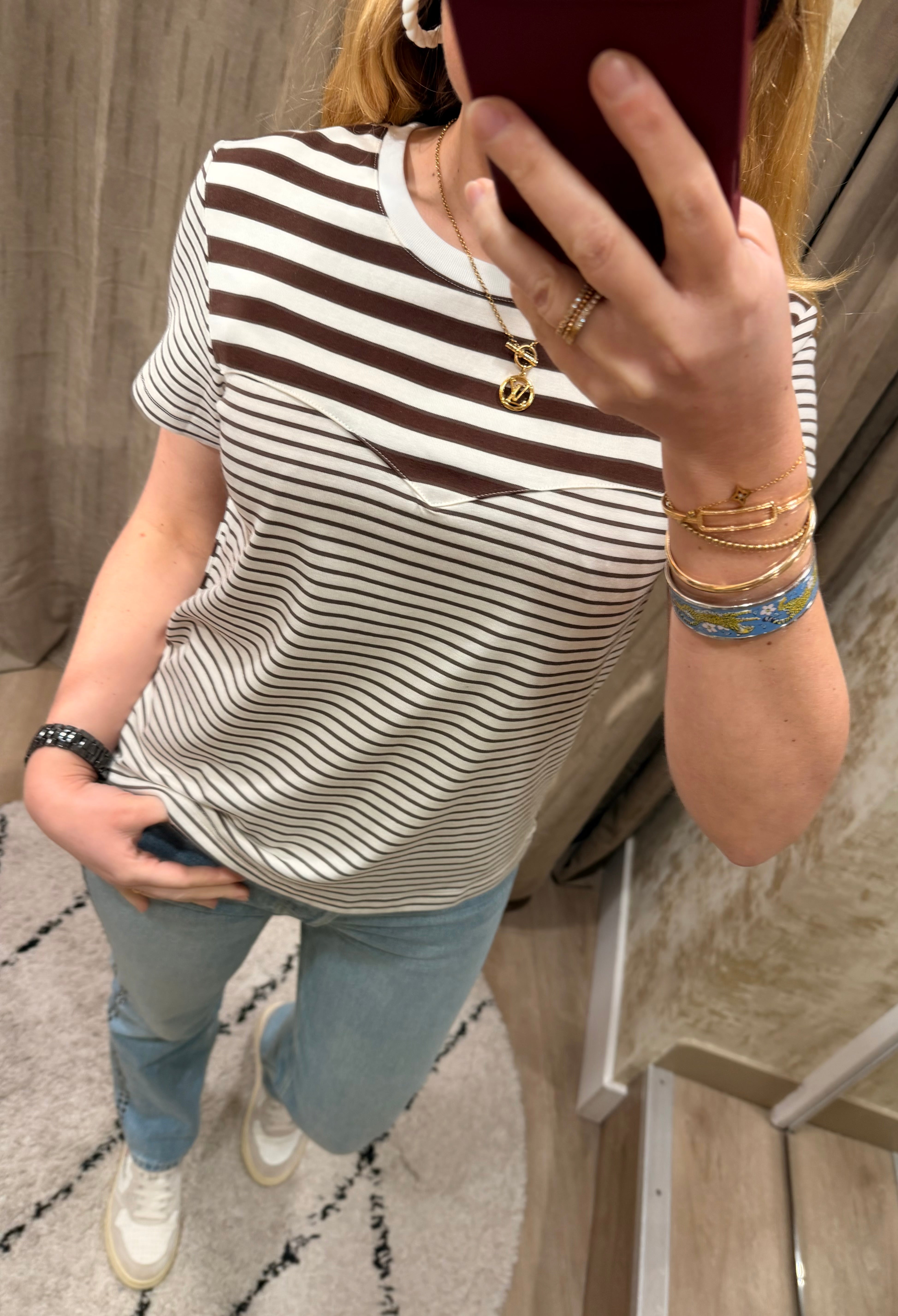 T-shirt marinière femme Victoria rayures marron broderie ancre – Adoré Paris
