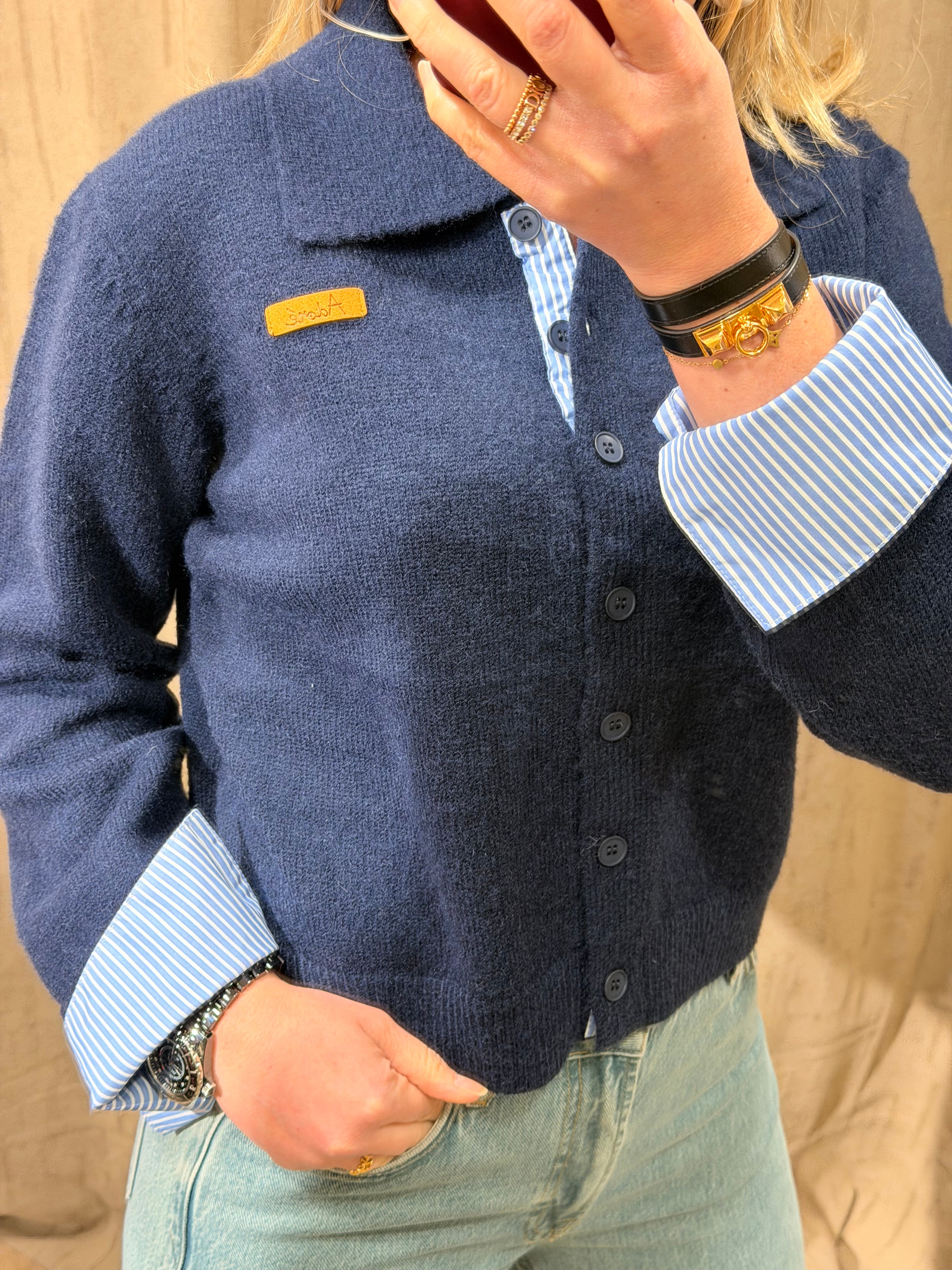 Gilet chemise femme Sorya bi-matière rouge, gris ou marine - Adoré Paris