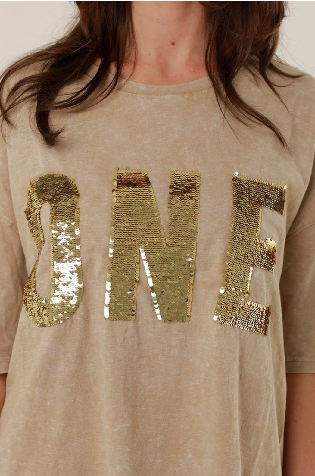 T-shirt boyfriend coton sequins ALAN beige - Coupe loose tendance - ONE TEE