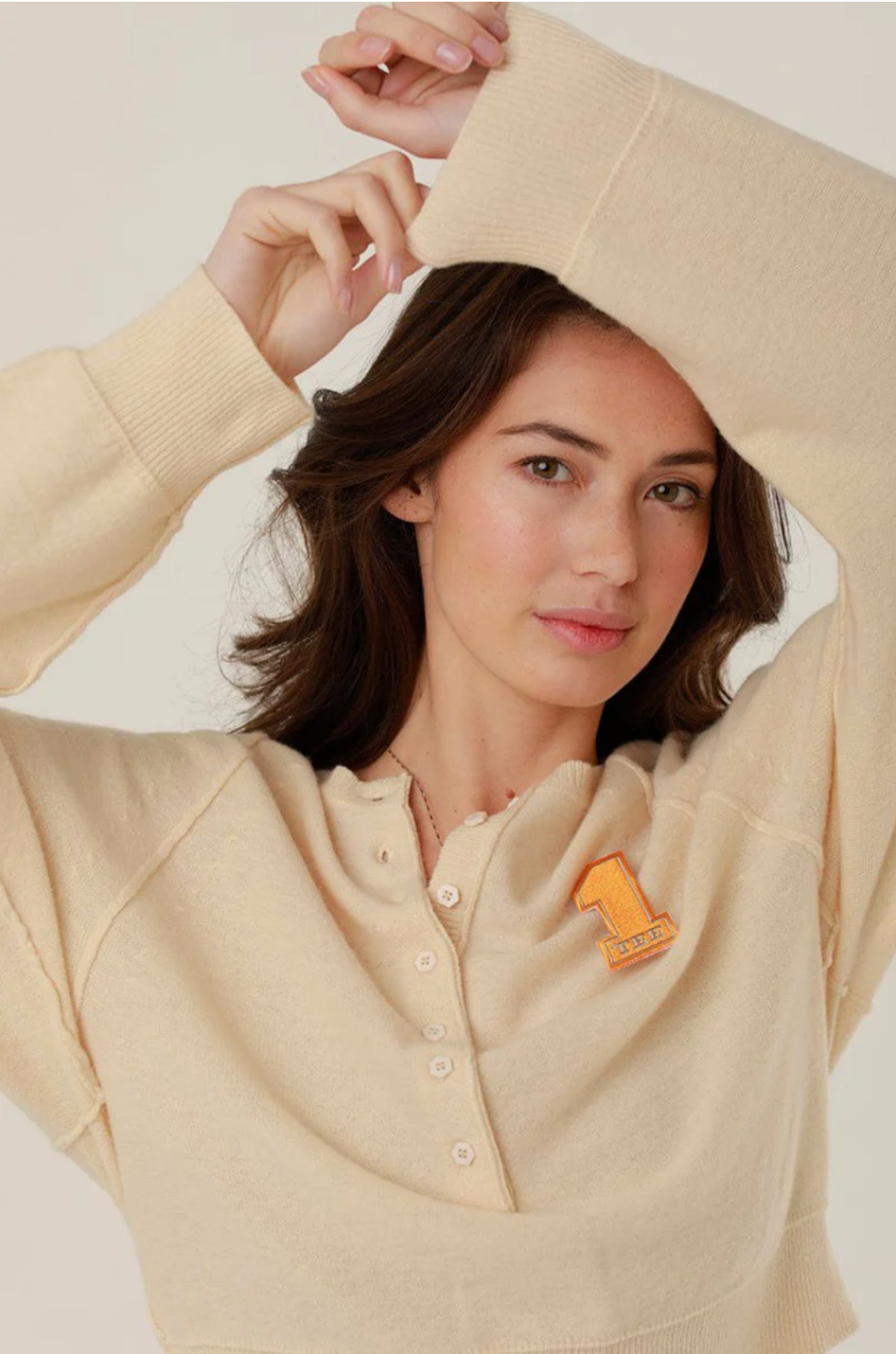 Pull KEILA beige oversize à manches ballon - effet mousse doux - ONE TEE