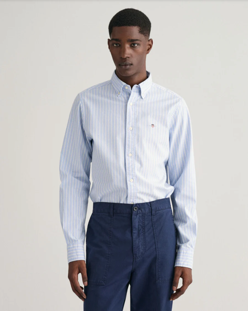 Chemise Oxford Slim Stretch à Rayures Bleu Ciel Homme - Gant