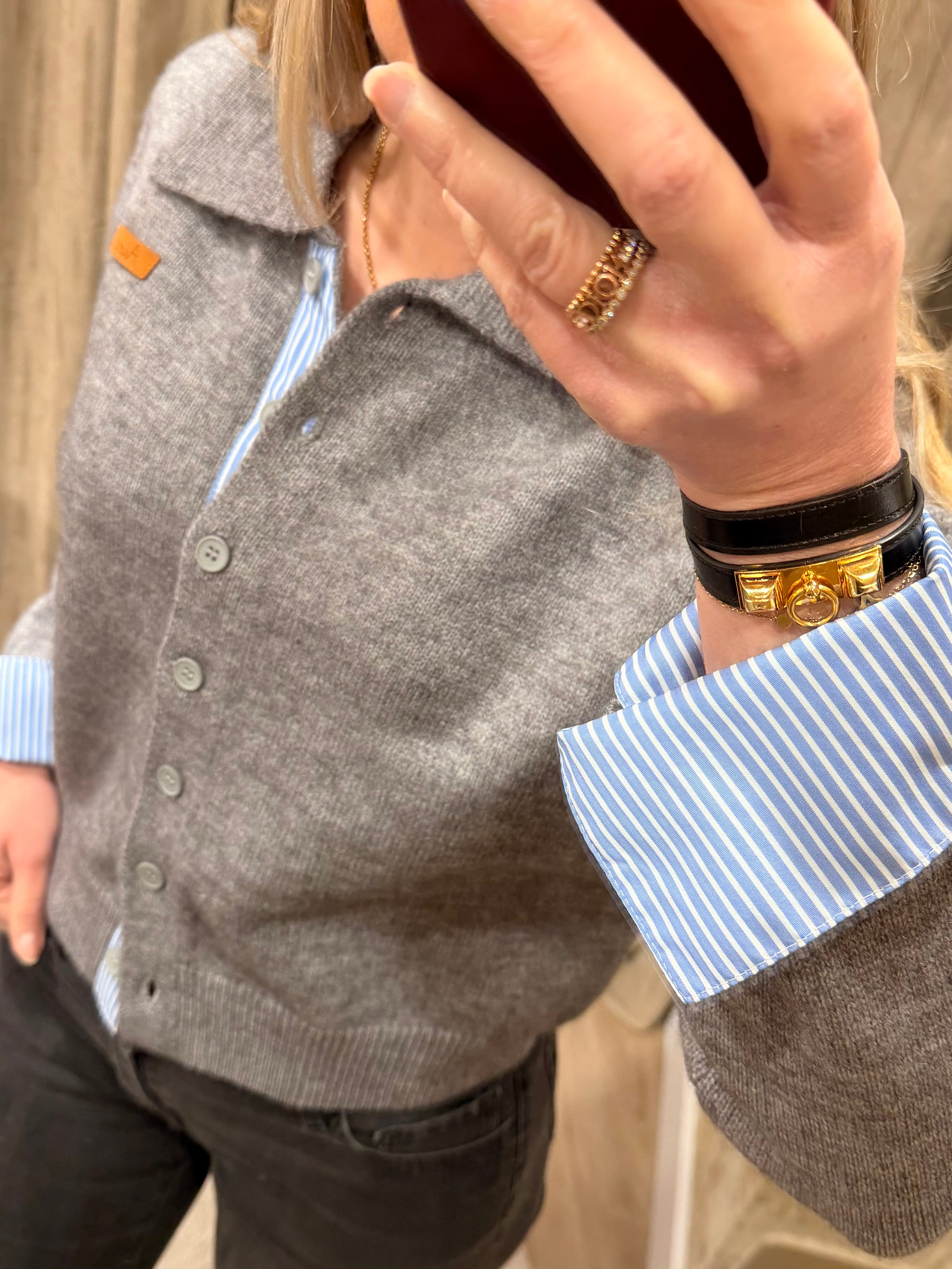 Gilet chemise femme Sorya bi-matière rouge, gris ou marine - Adoré Paris
