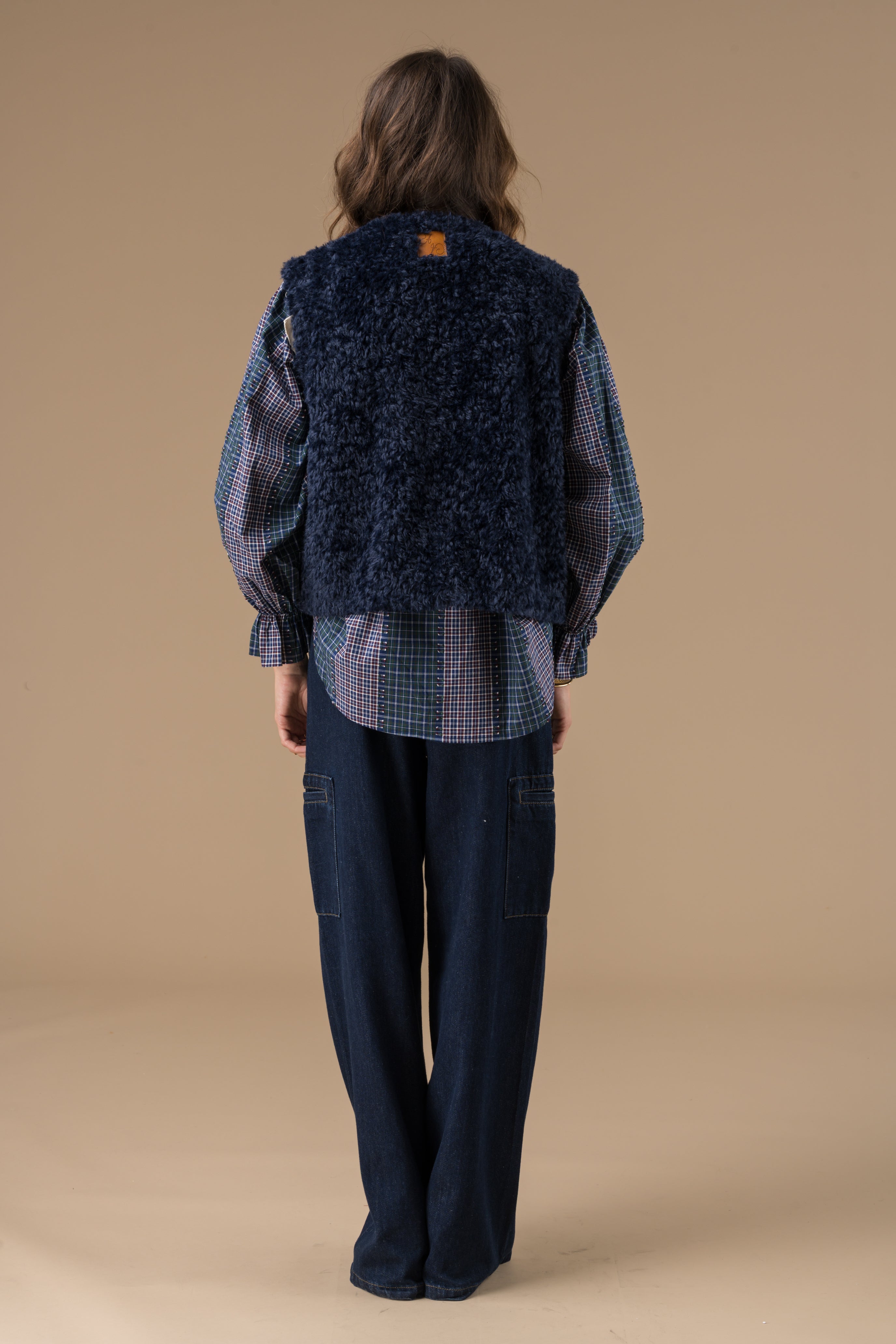 Gilet sans manches femme fausse fourrure bleu marine – Adoré Paris Ludmila, chaud, doux, style bohème