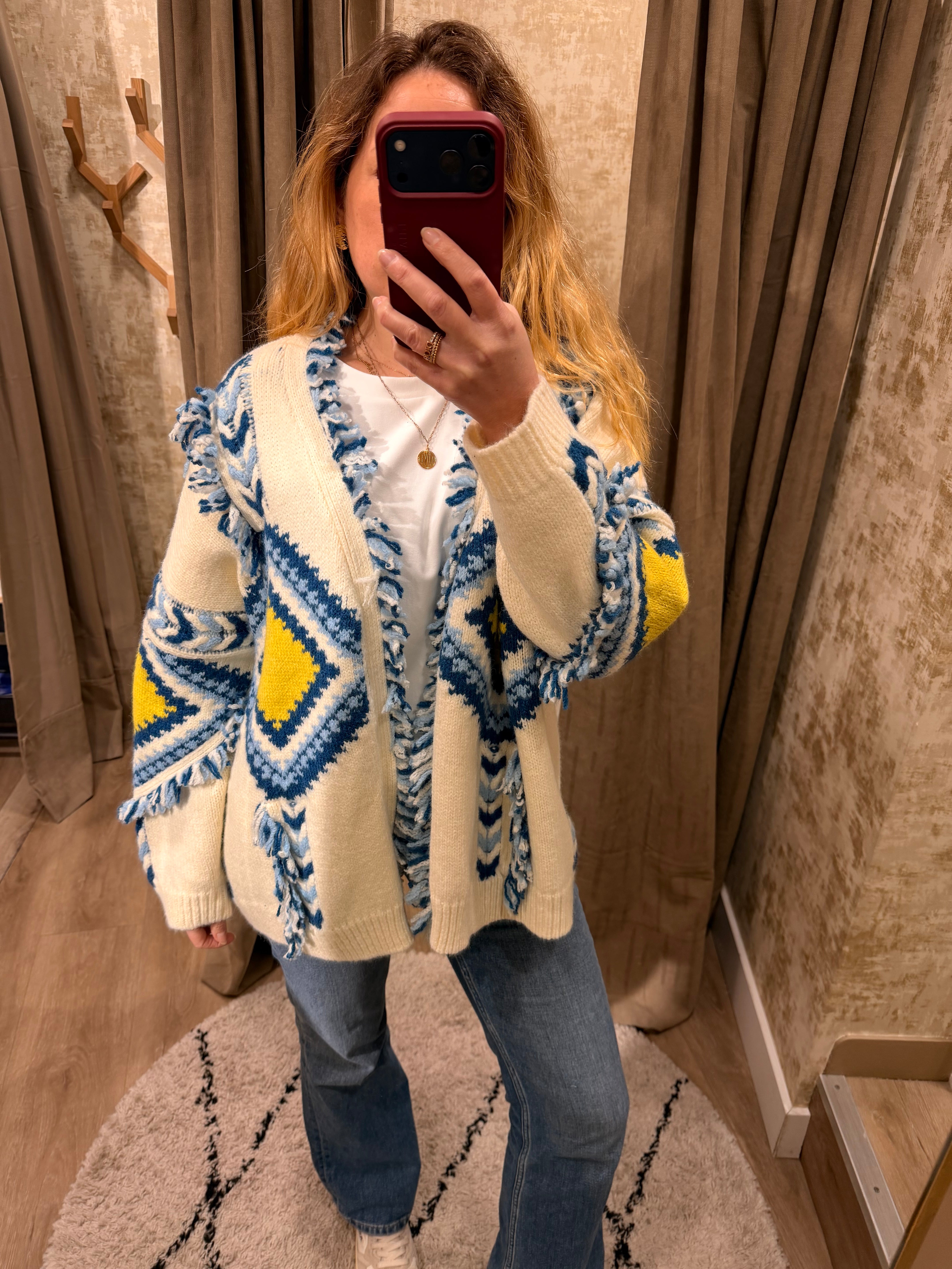 Gilet femme maille épaisse motif graphique bleu et jaune – Adoré Paris
