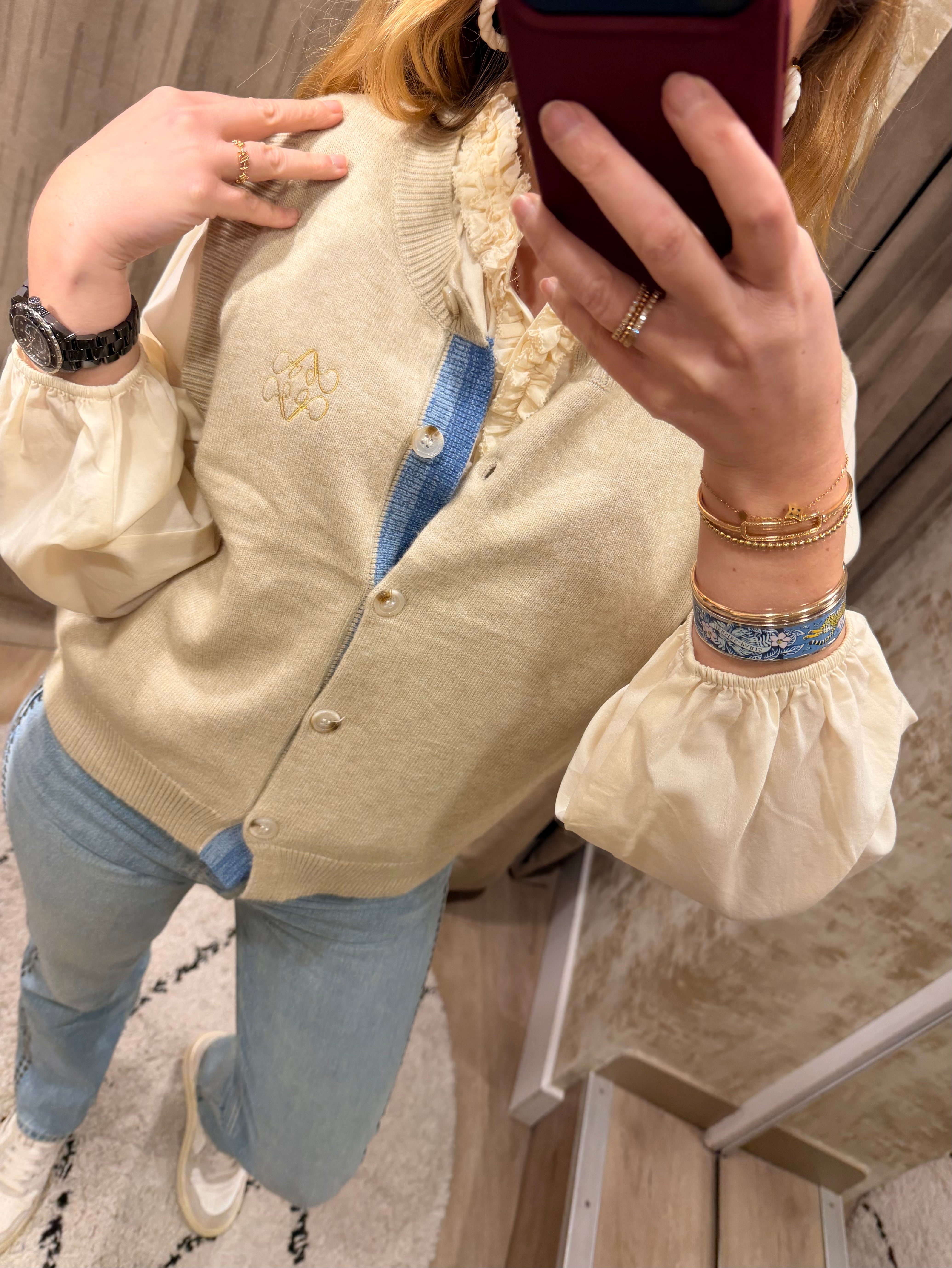 Gilet sans manches femme Léonie à boutons maille fine – Beige, bleu marine, rouge – Adoré Paris