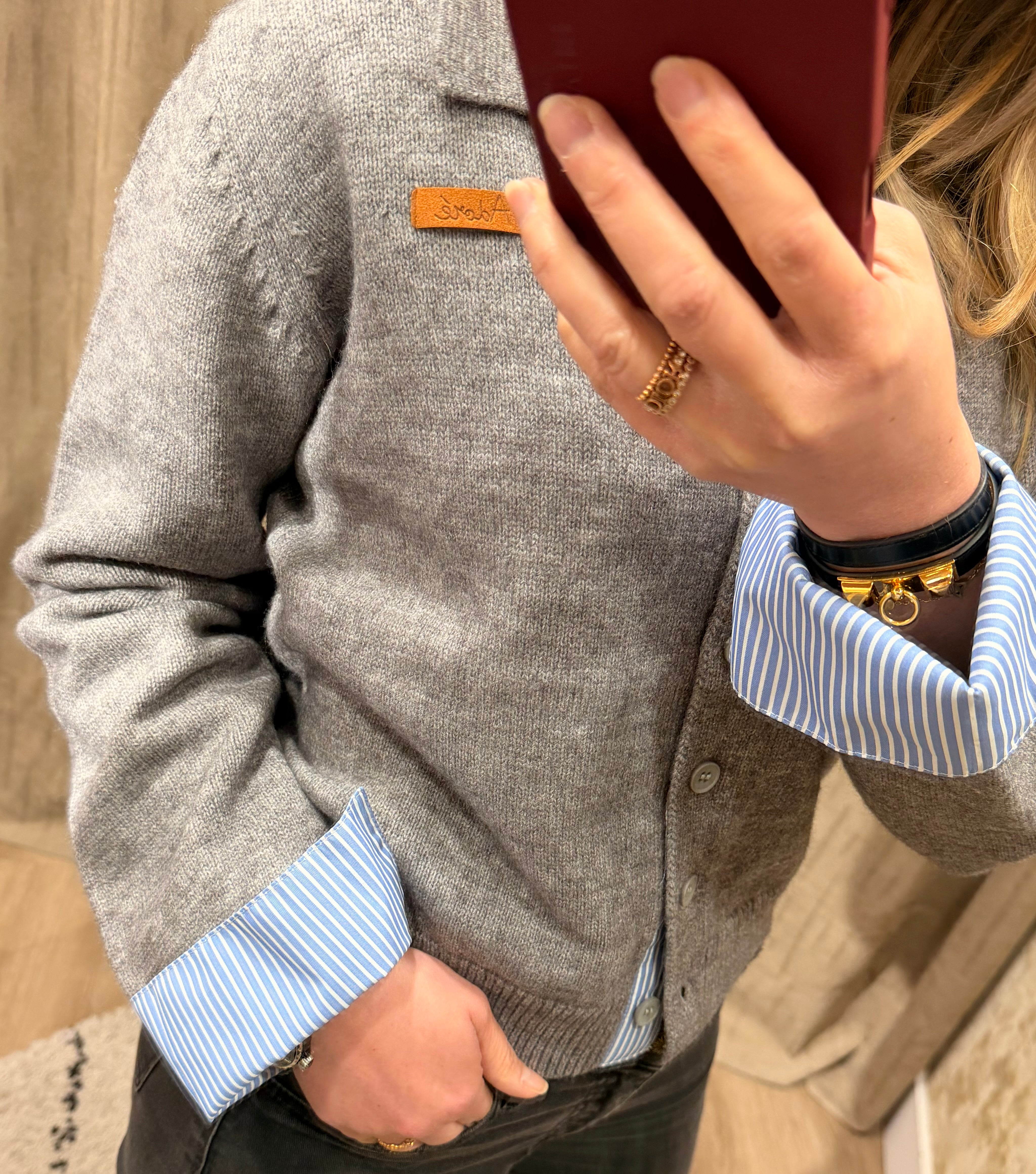 Gilet chemise femme Sorya bi-matière rouge, gris ou marine - Adoré Paris