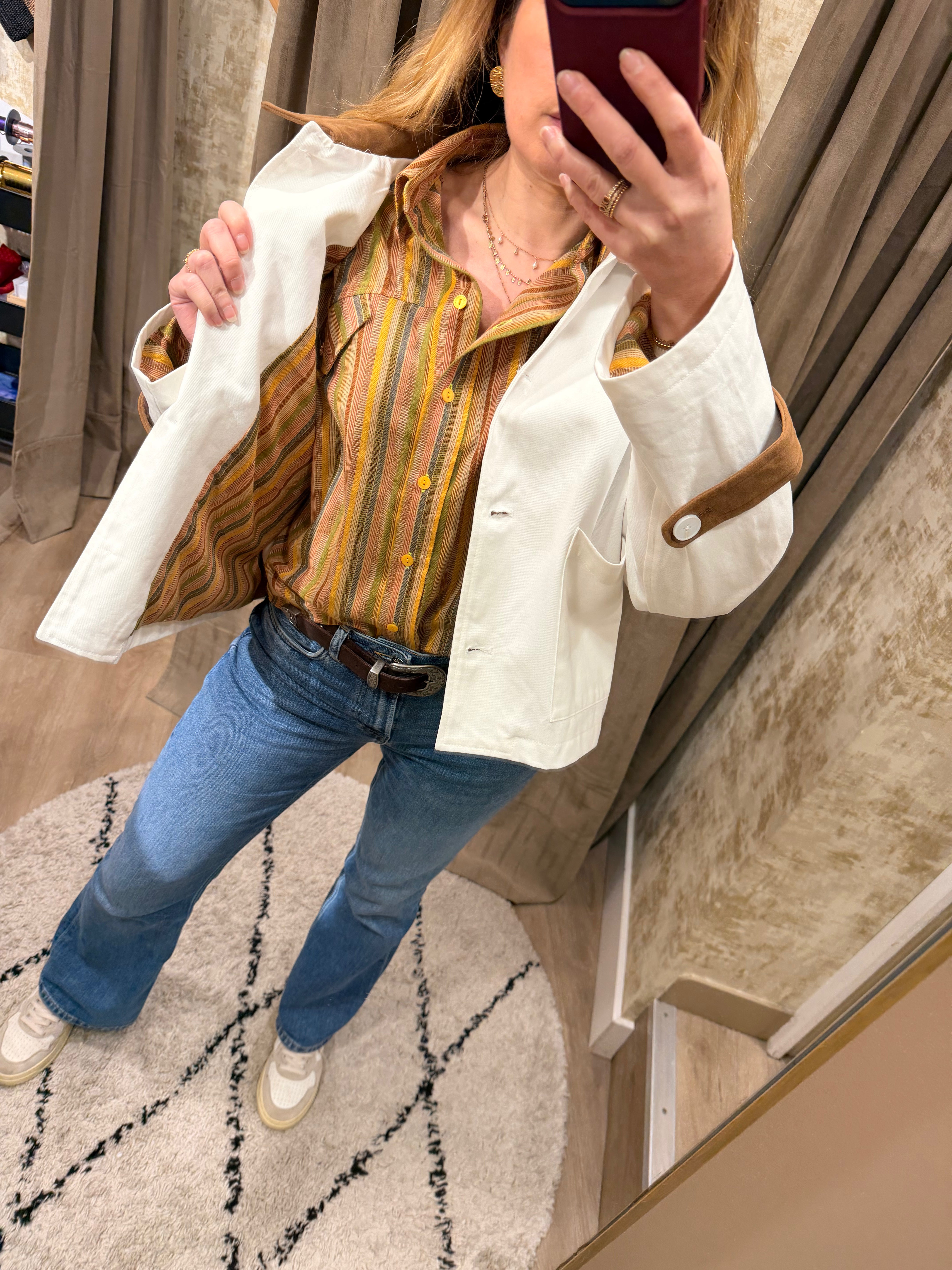 Veste femme écru détails suédine marron style chic et tendance – Adoré Paris