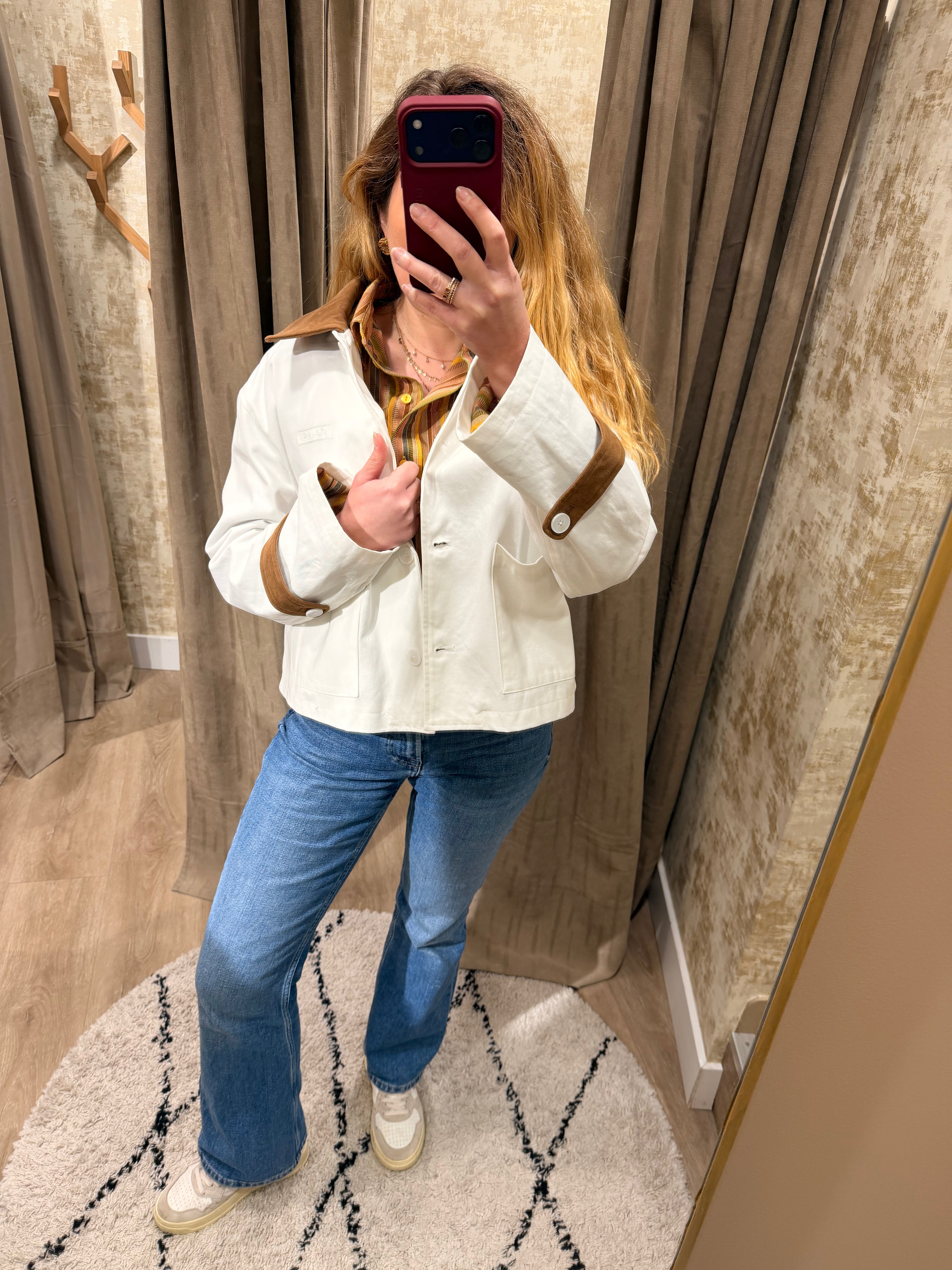 Veste femme écru détails suédine marron style chic et tendance – Adoré Paris