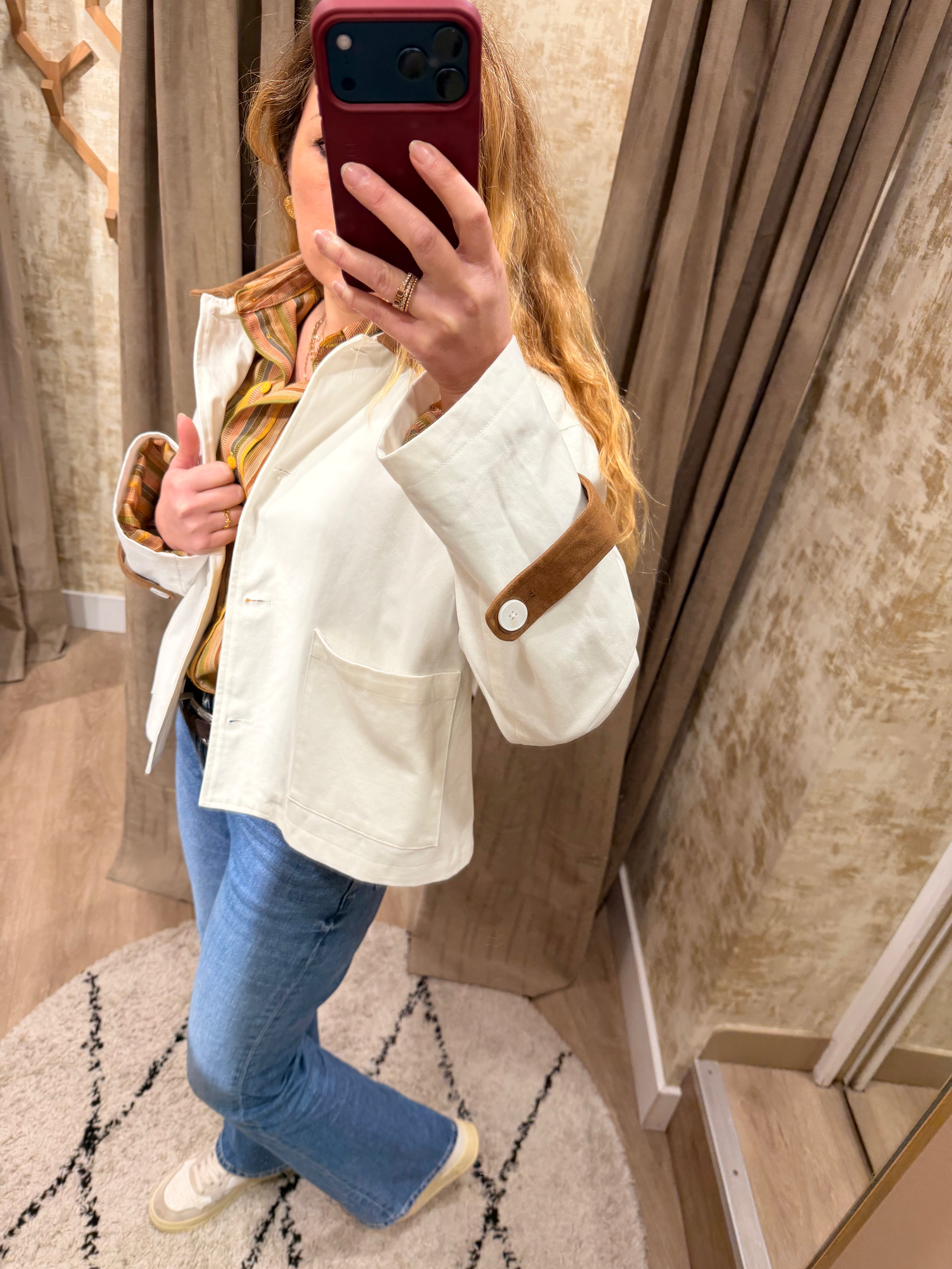 Veste femme écru détails suédine marron style chic et tendance – Adoré Paris