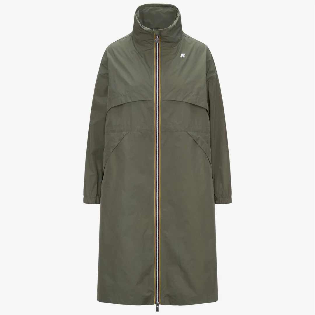 K-Way Aube Memory Touch Green Lichen - Coupe-vent long femme à capuche escamotable