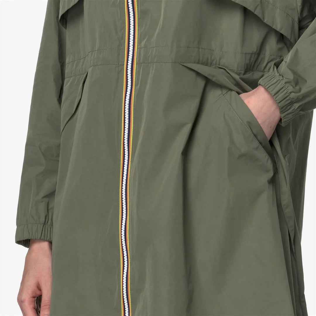 K-Way Aube Memory Touch Green Lichen - Coupe-vent long femme à capuche escamotable