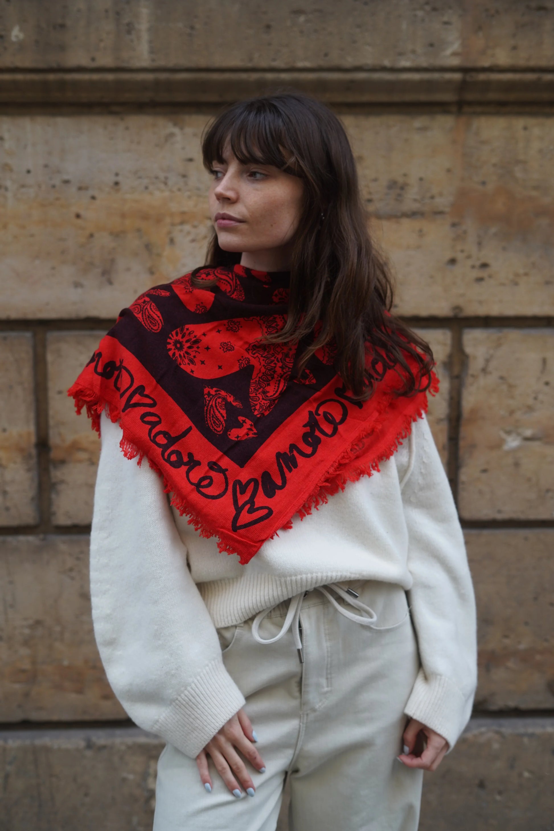 Foulard Bandana Lana Coeur Red Corail grand format Adoré Paris 