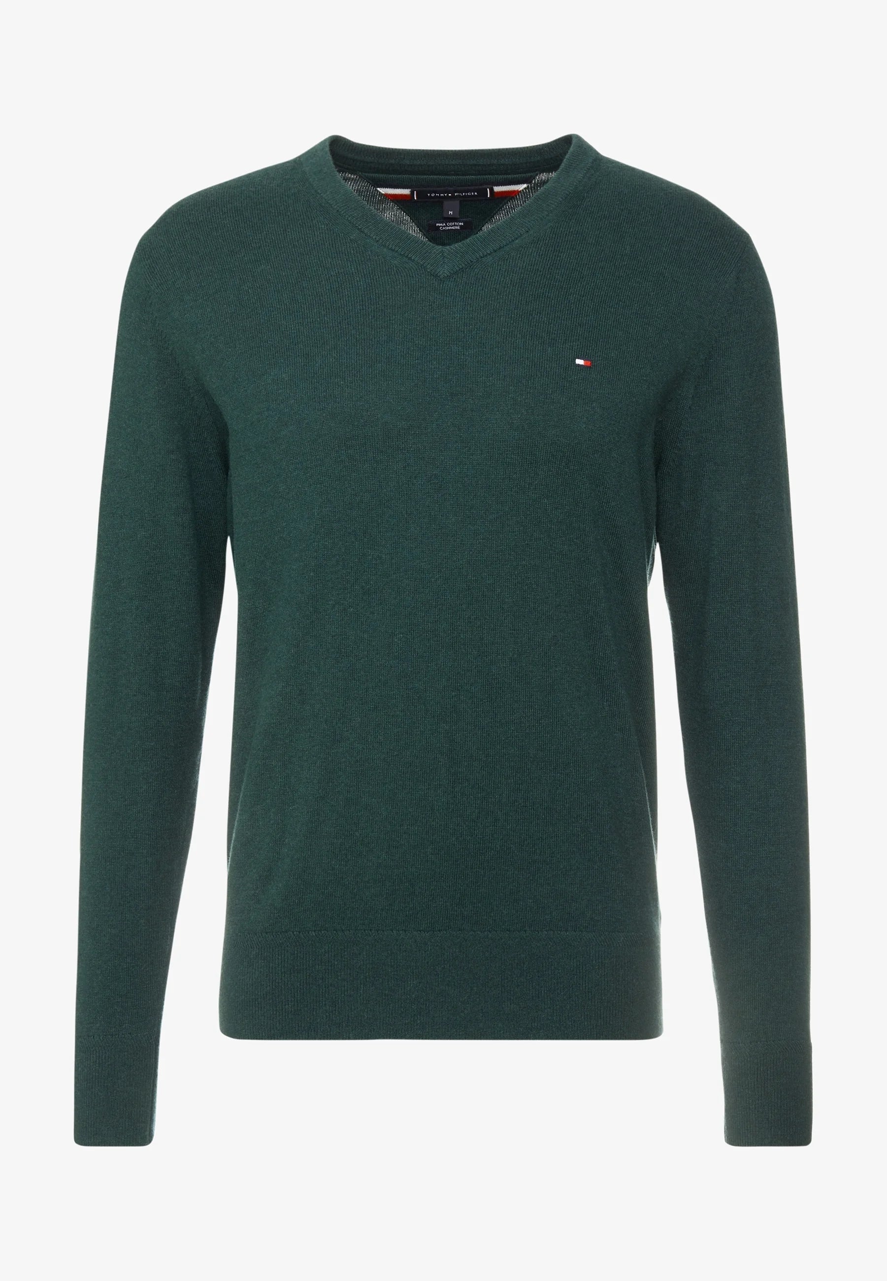 Pull col V laine vert forêt Tommy Hilfiger homme.
