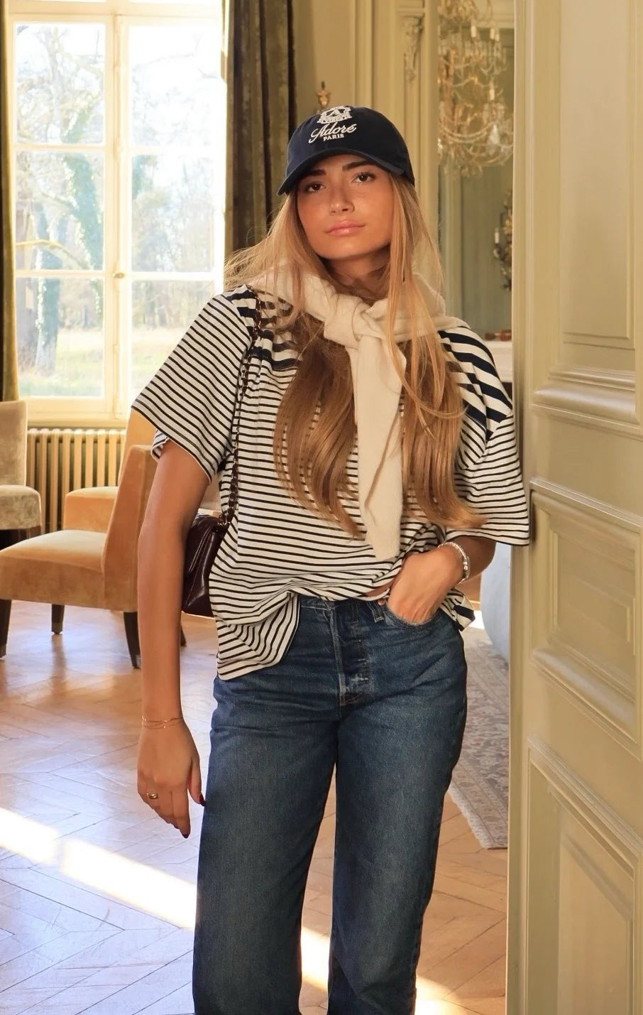 T-shirt marinière femme bleu marine rayé avec broderie ancre – Adoré Paris