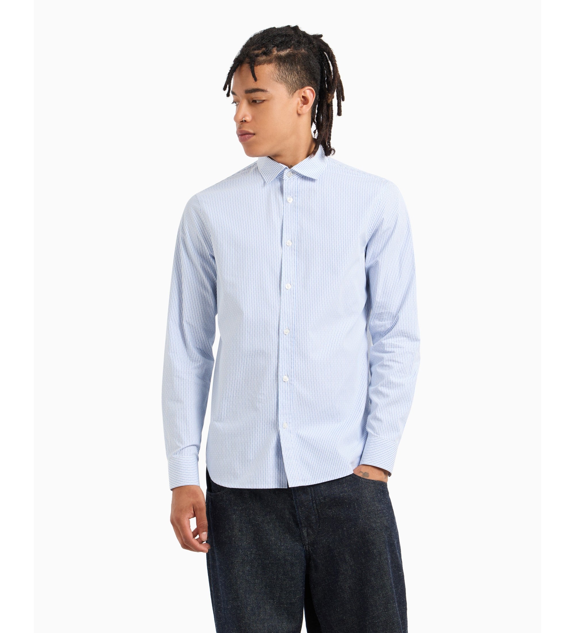 Chemise homme rayée bleu/blanc en coton Armani Exchange – élégance urbaine, confort business, respirante