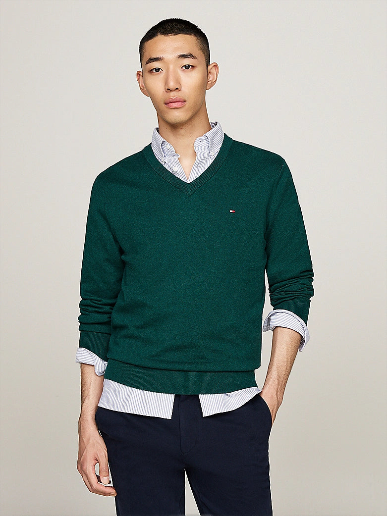 Pull col V vert chiné homme Tommy Hilfiger – Laine confortable, différentes tailles