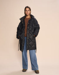Doudoune longue femme Mos Mosh noire ceinturée – manteau hiver élégant, chaud