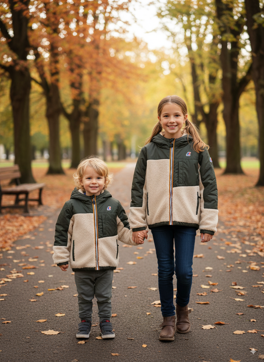 K-Way Enfant Neige Orsetto Kaki – Veste Imperméable Chaude Mixte Hiver Sherpa Garçon Fille