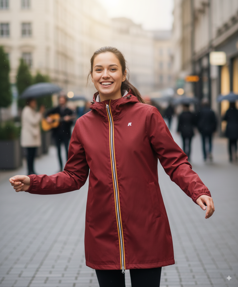 K-Way Sophie Femme – Veste stretch poly-jersey rouge brick imperméable, coupe-vent, élégante | Urban Chic Boutiques