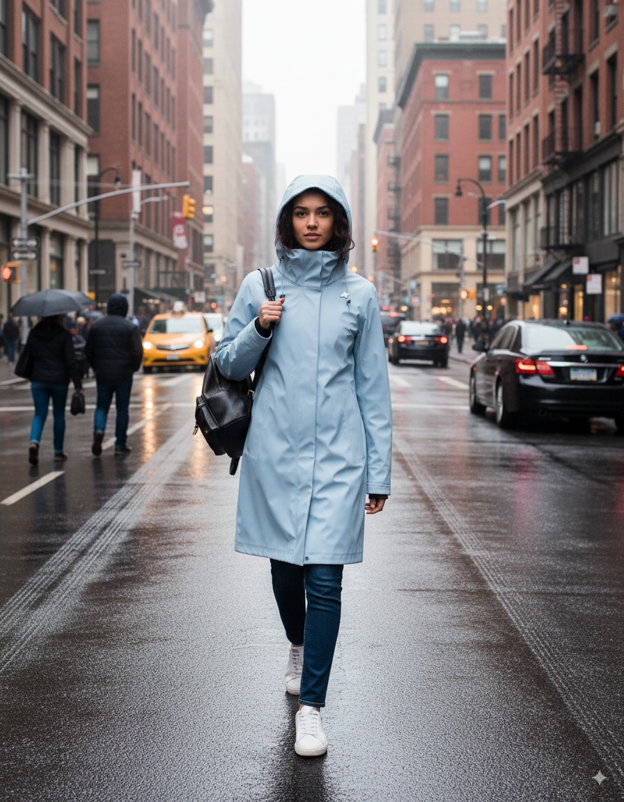 K-Way Femme Stephy Bonded Blue Ciel – Imperméable, Veste Coupe-Vent Respirante, Manteau Mi-Saison avec Capuche