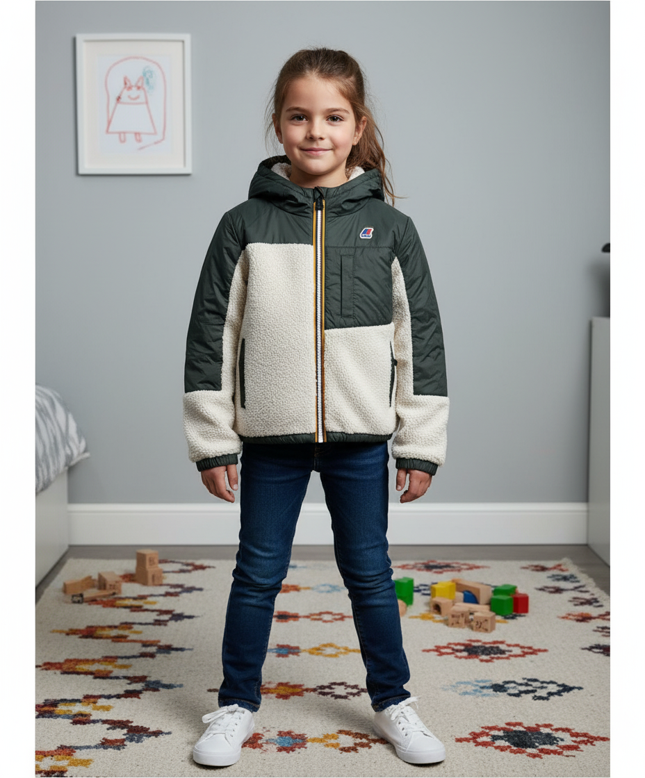K-Way Orsetto Neige Enfant Imperméable Bicolore Kaki Beige | Veste Coupe-Vent Sherpa Mixte École