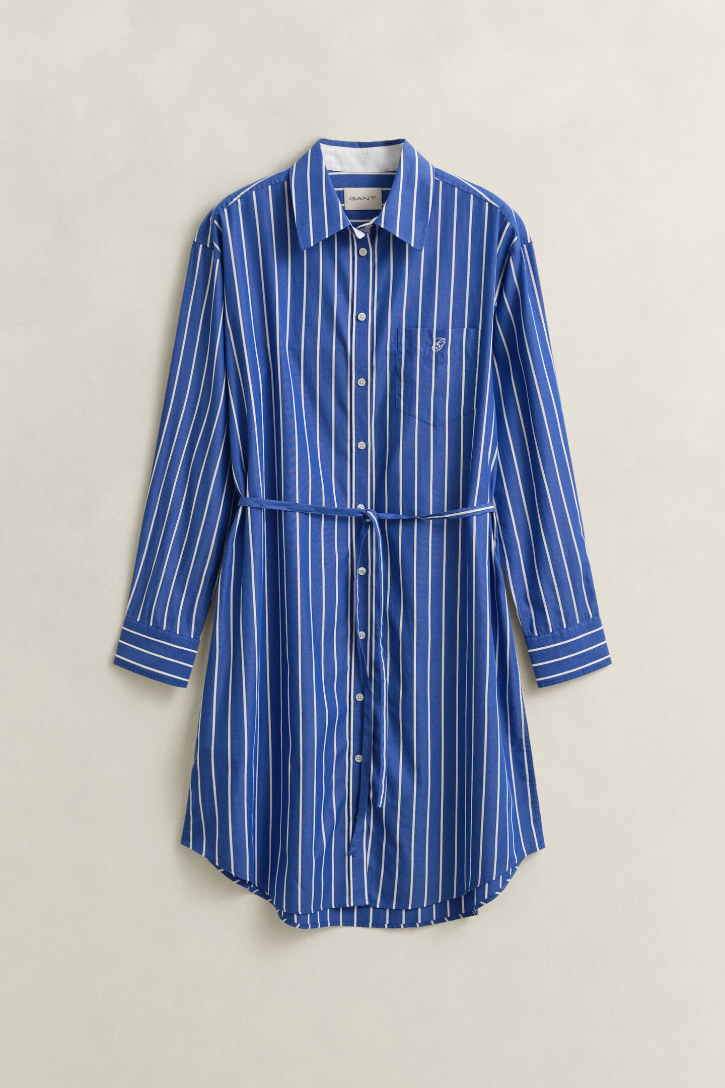 Robe chemise rayée en popeline bleue ceinturée femme – Gant
